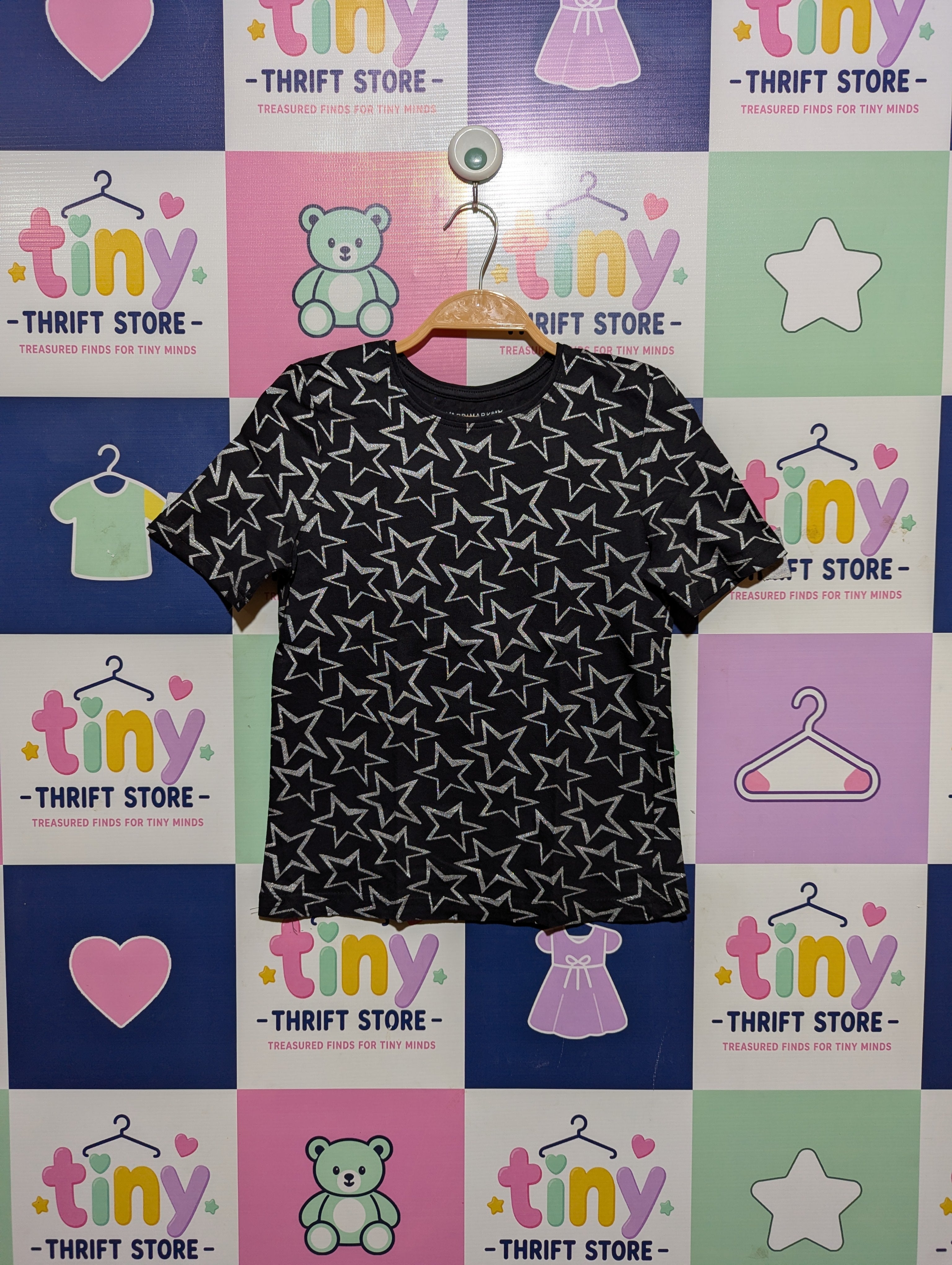 Primark Girls Black "Silver Star" Print Tee - Size 9-10 Years (Estimated Age 9-10 Years) AB2