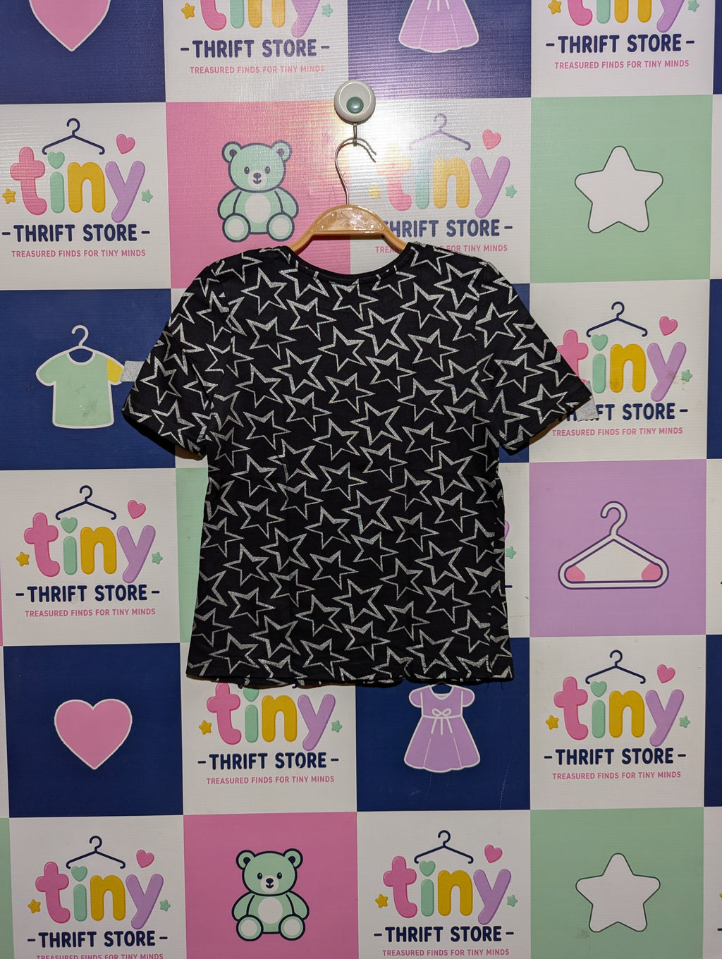 Primark Girls Black "Silver Star" Print Tee - Size 9-10 Years (Estimated Age 9-10 Years) AB2