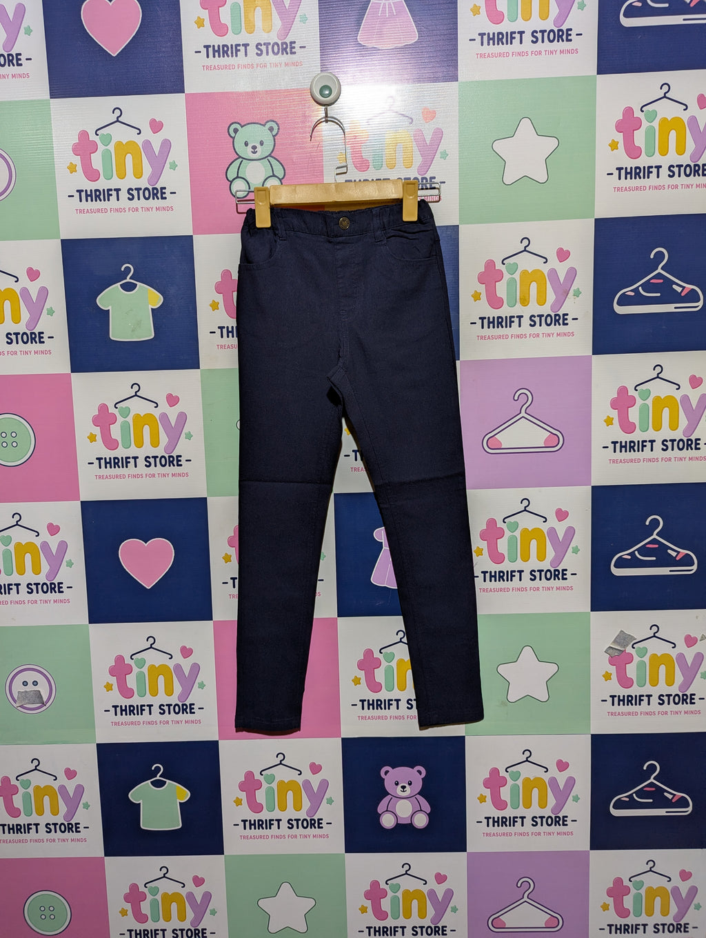 Cute Girls Navy Blue "Cat Face" Pocket Leggings - Size 140 (Estimated Age 9-10 Years) AB2