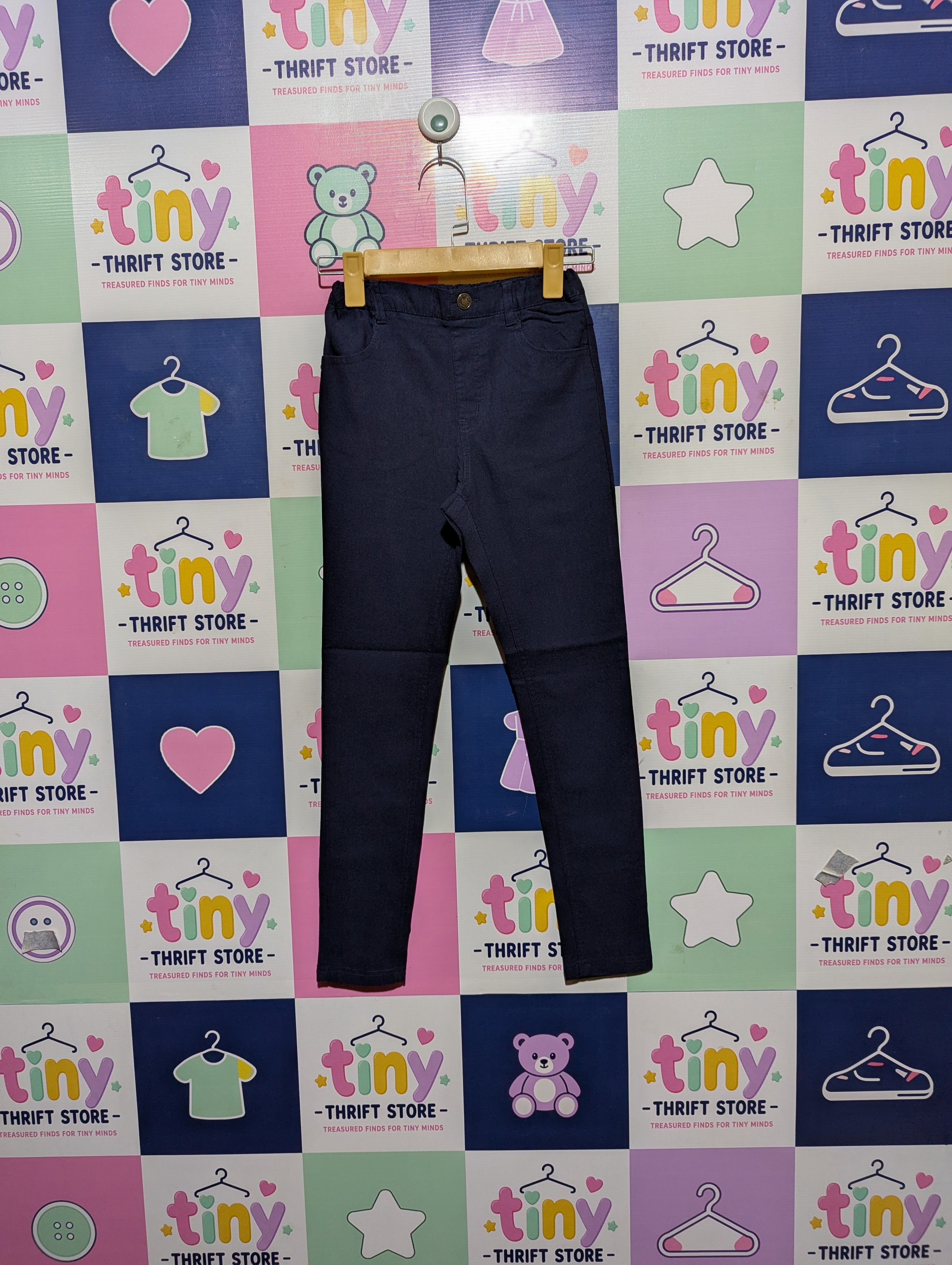 Cute Girls Navy Blue "Cat Face" Pocket Leggings - Size 140 (Estimated Age 9-10 Years) AB2