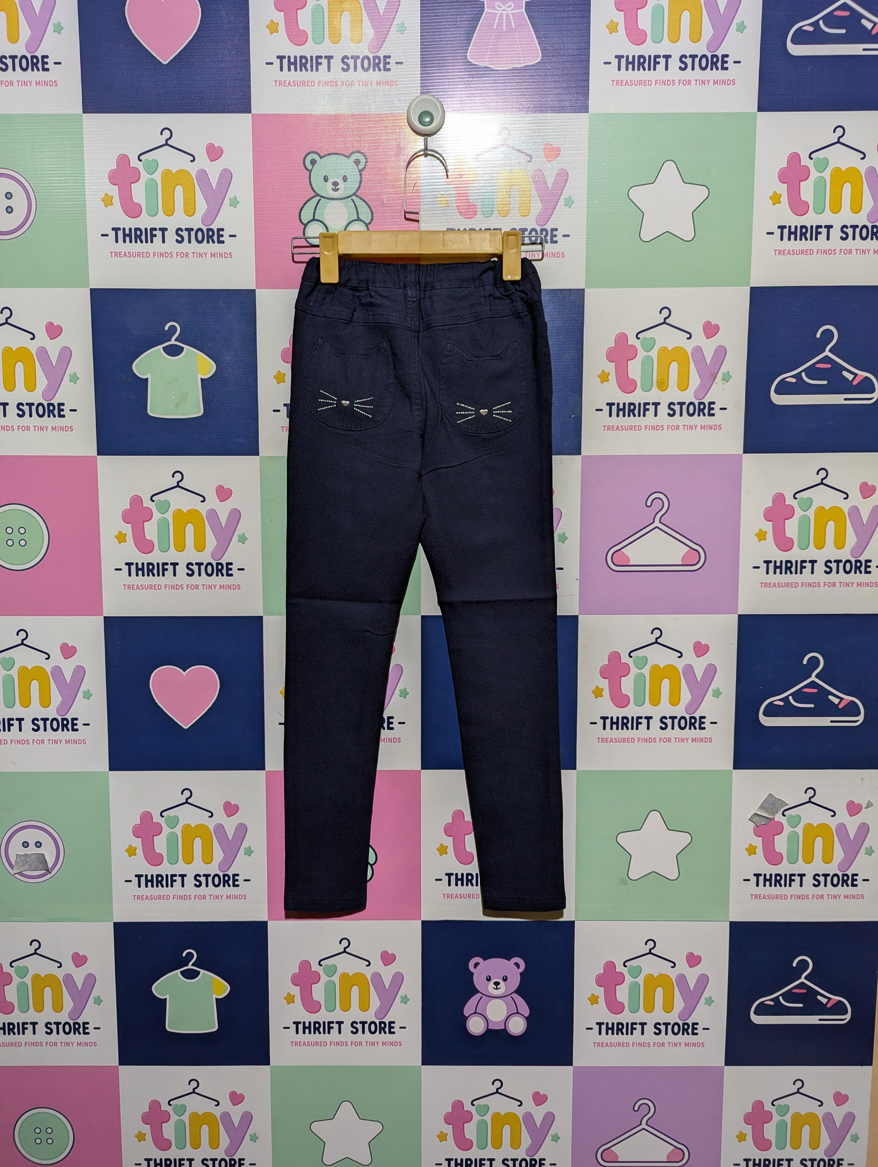 Cute Girls Navy Blue "Cat Face" Pocket Leggings - Size 140 (Estimated Age 9-10 Years) AB2