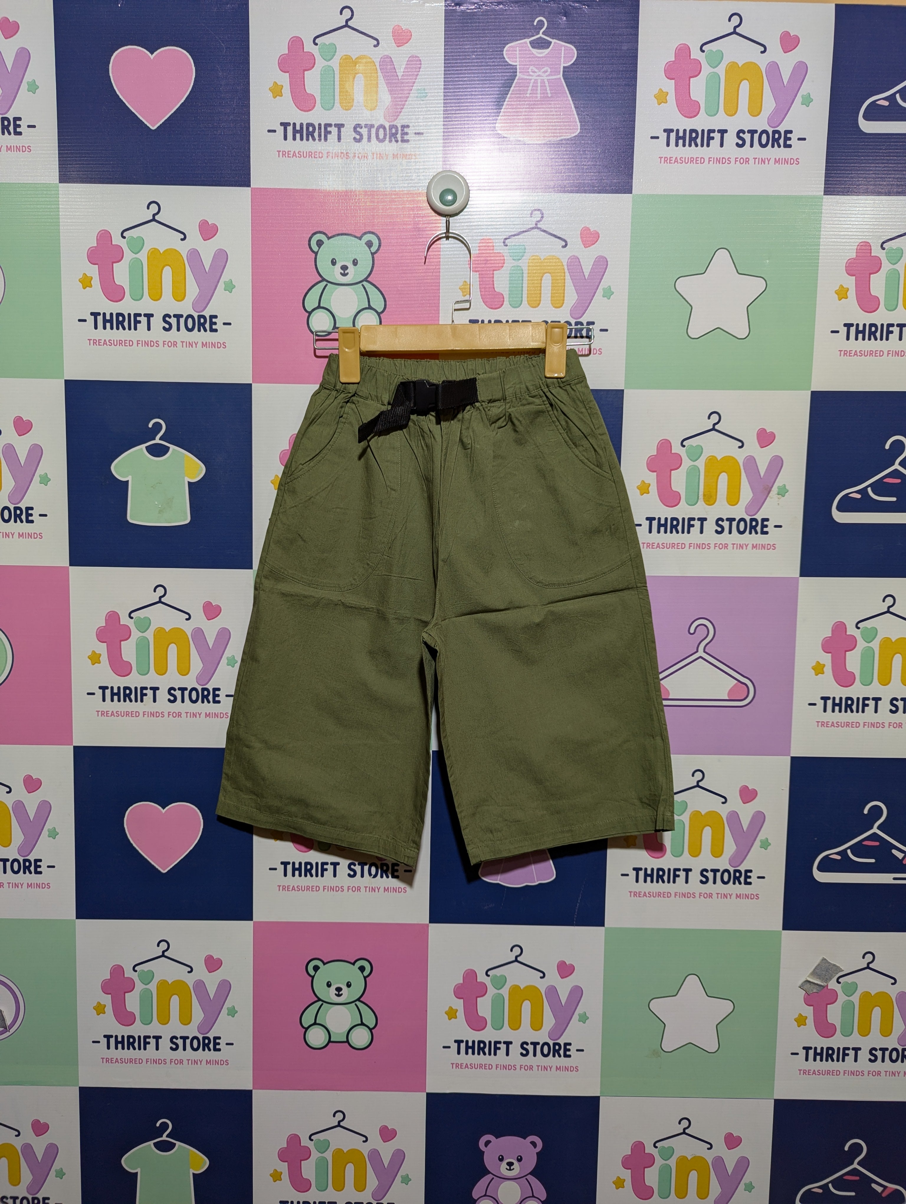 Boys Olive Green Casual Cargo Shorts with Integrated Belt - Size 150 (Estimated Age 11-12 Years) AB2