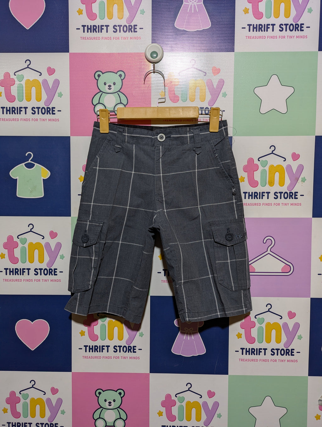 Hurley Boys Grey Plaid Cargo Shorts - Size 10 Estimated Age 9-10 Years AB2