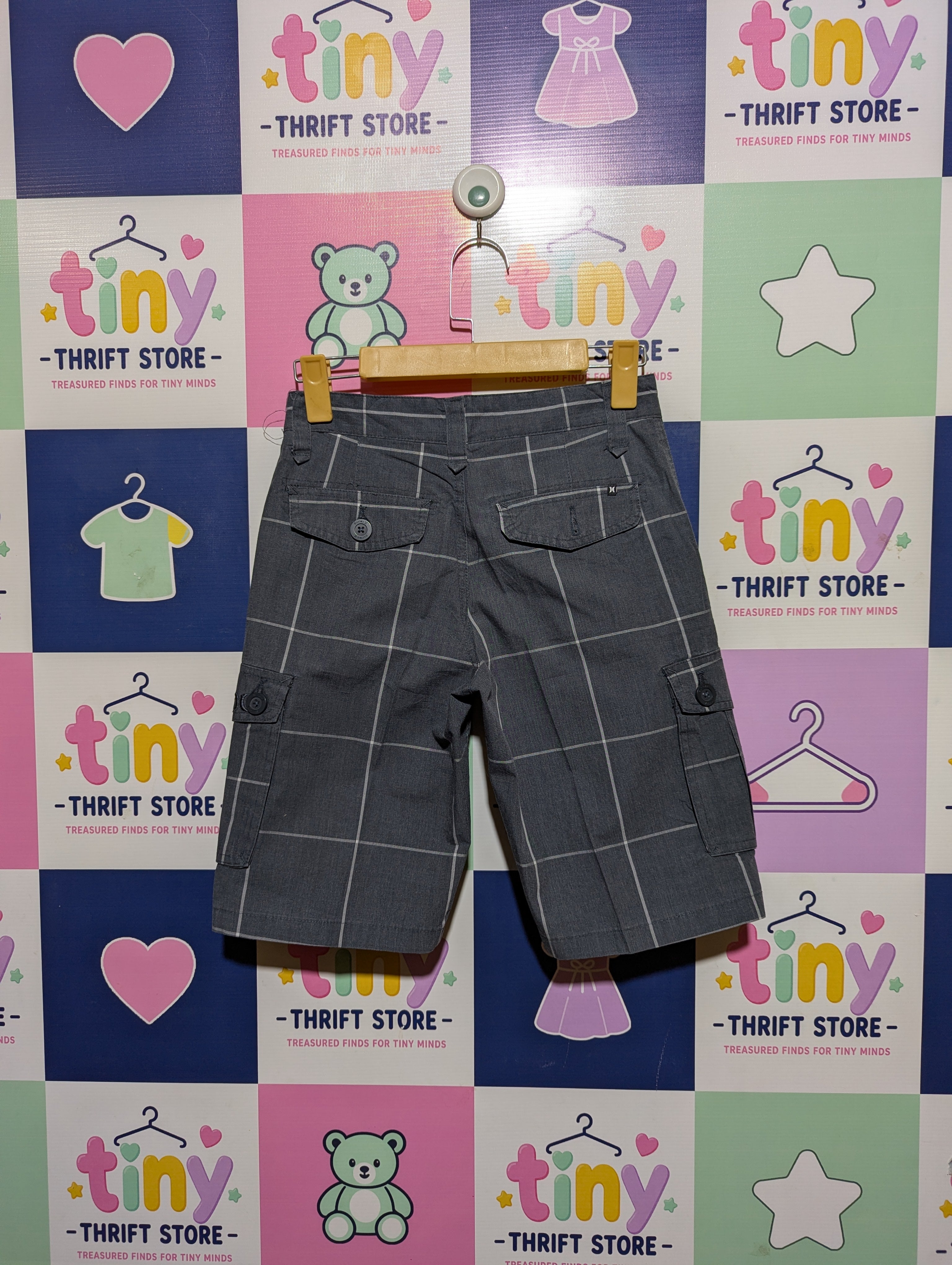 Hurley Boys Grey Plaid Cargo Shorts - Size 10 Estimated Age 9-10 Years AB2