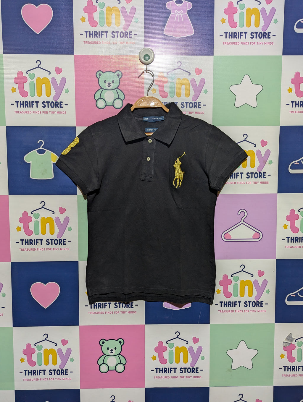 Ralph Lauren Boys Black "Custom Fit" Polo Shirt - Size Estimated Age 10-12 Years AB2