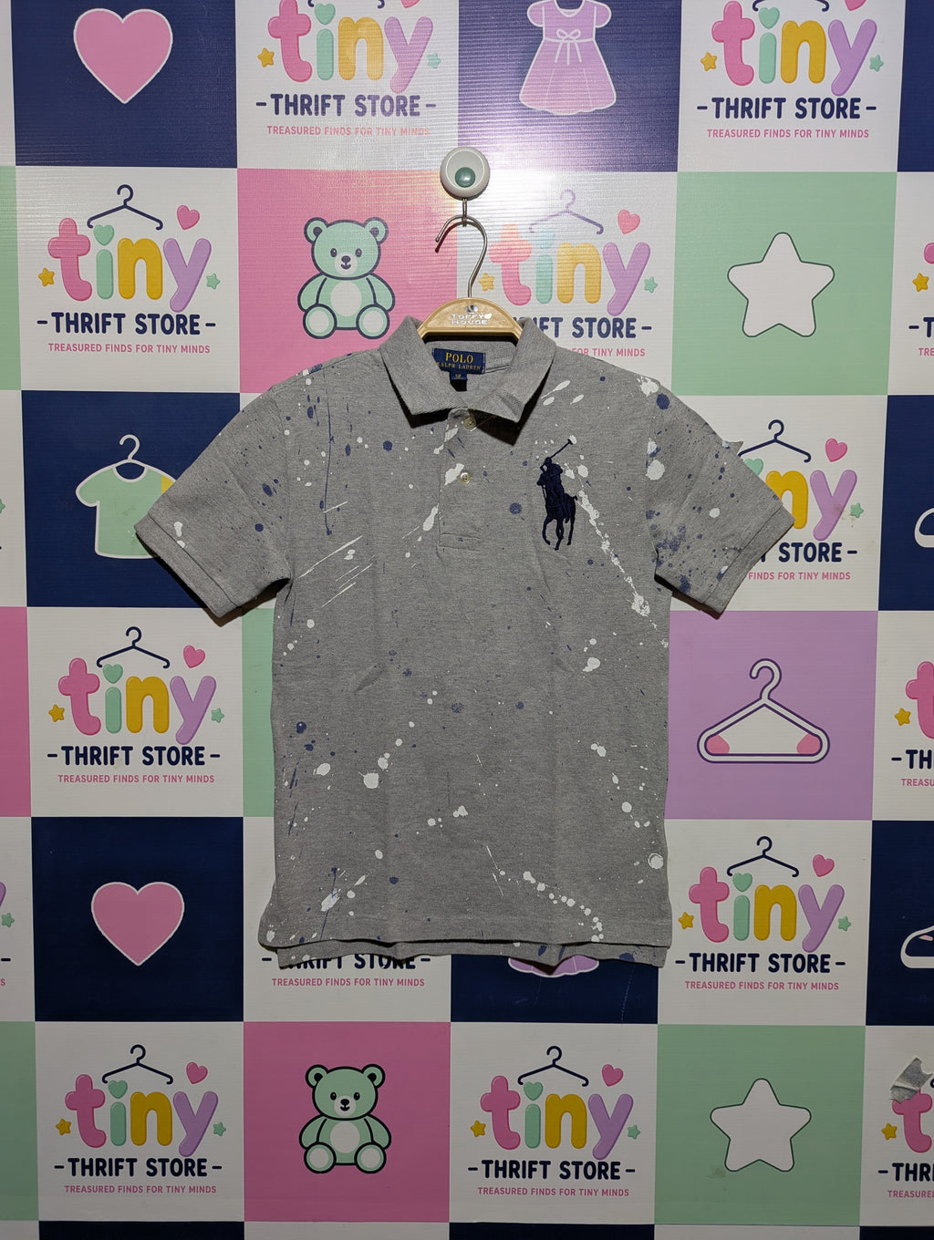 Polo Ralph Lauren Boys Grey "Paint Splatter" Polo Shirt - Size Estimated Age 8 Years AB2
