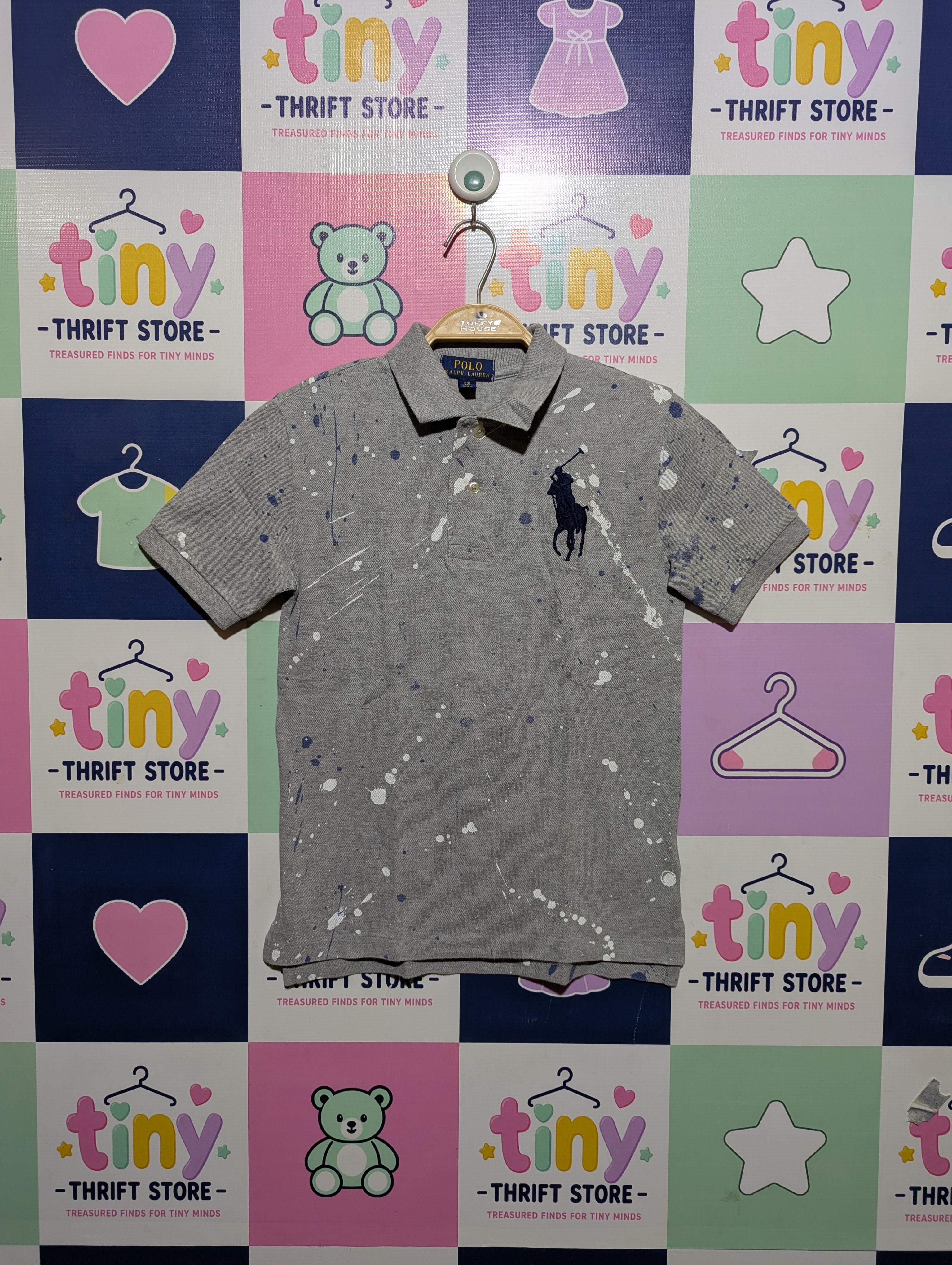 Polo Ralph Lauren Boys Grey "Paint Splatter" Polo Shirt - Size Estimated Age 8 Years AB2