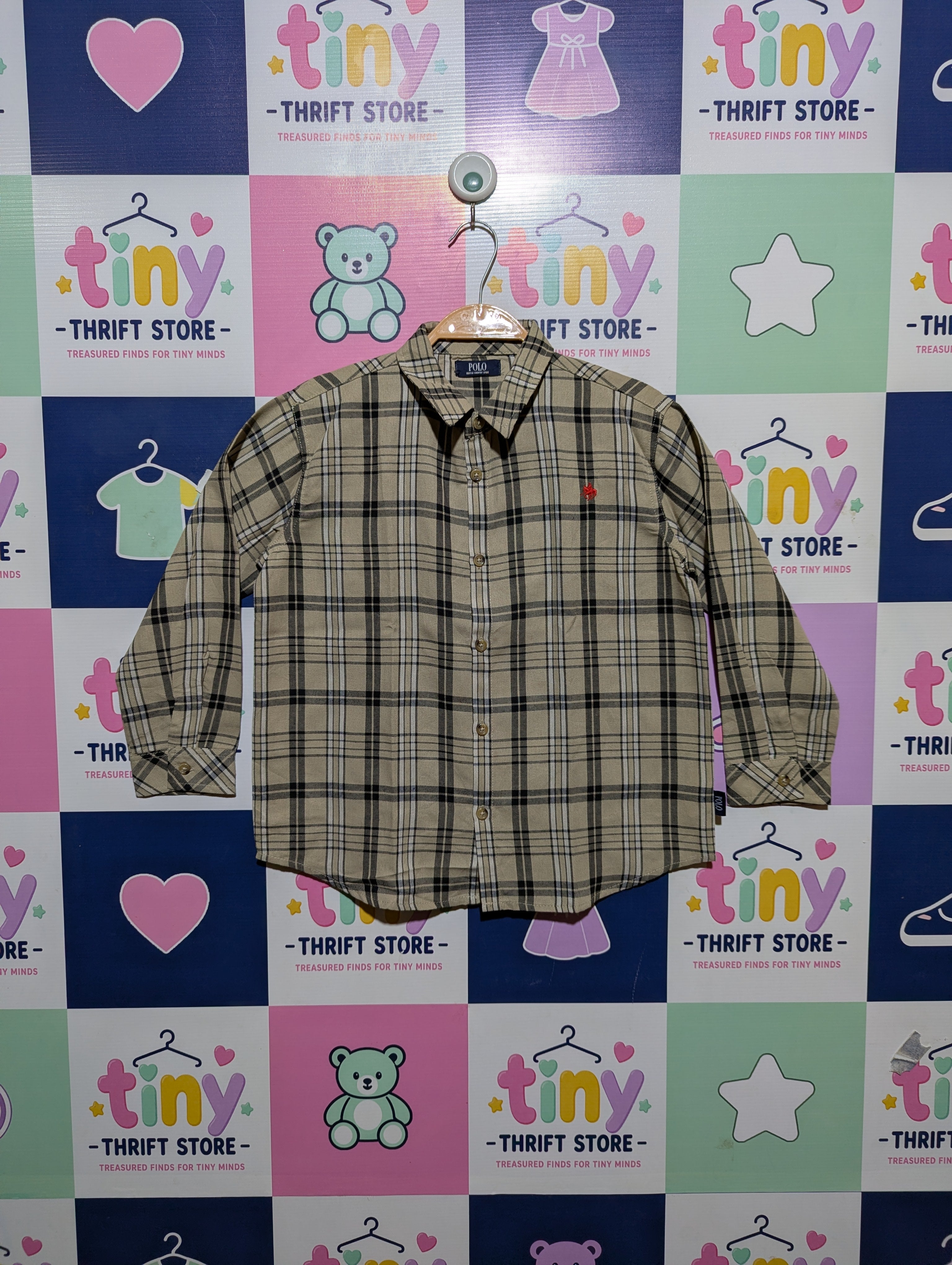 Polo British Country Spirit Boys Beige Checkered Long-Sleeve Shirt - Size Estimated Age 8-9 Years AB2
