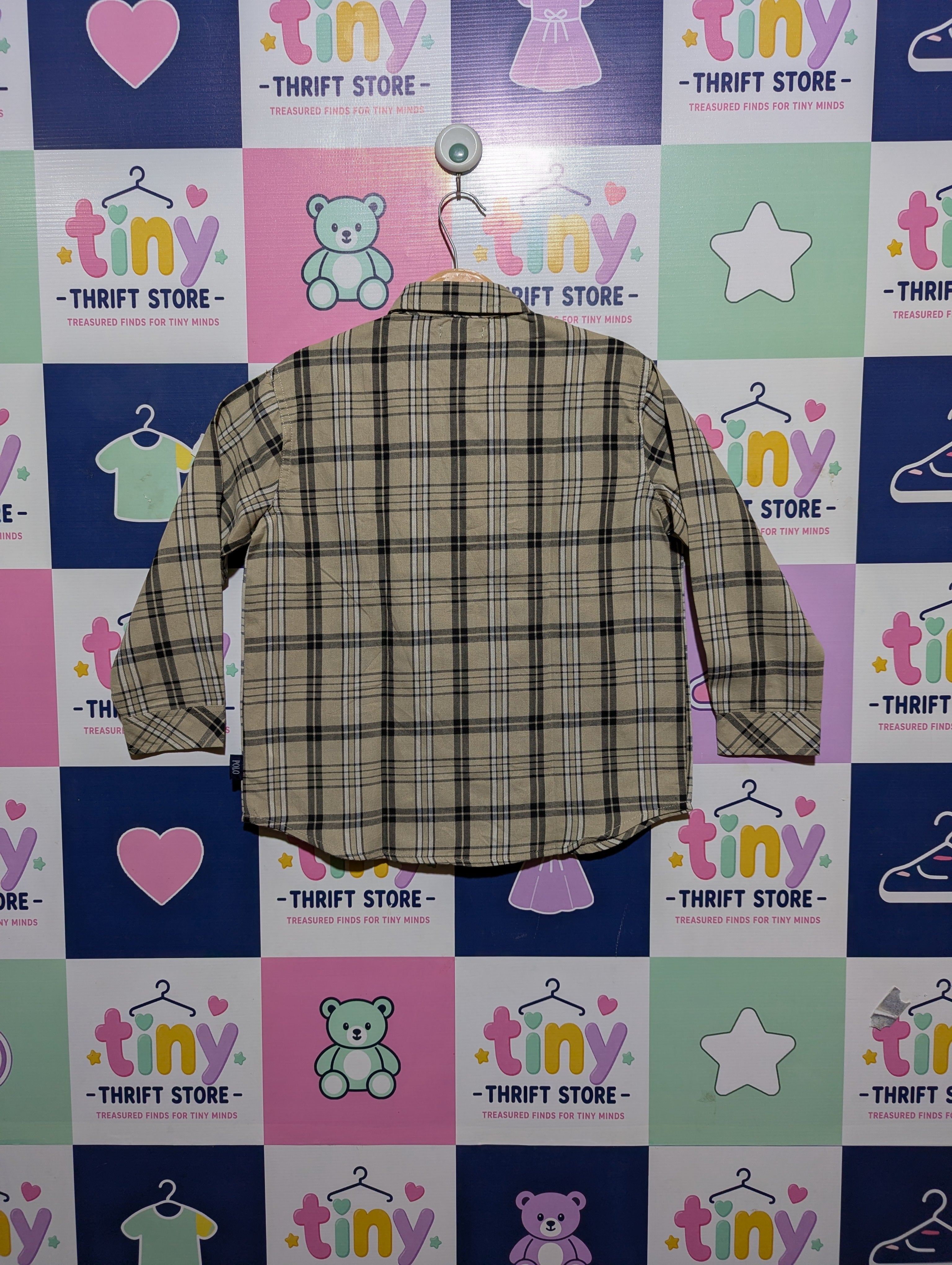Polo British Country Spirit Boys Beige Checkered Long-Sleeve Shirt - Size Estimated Age 8-9 Years AB2