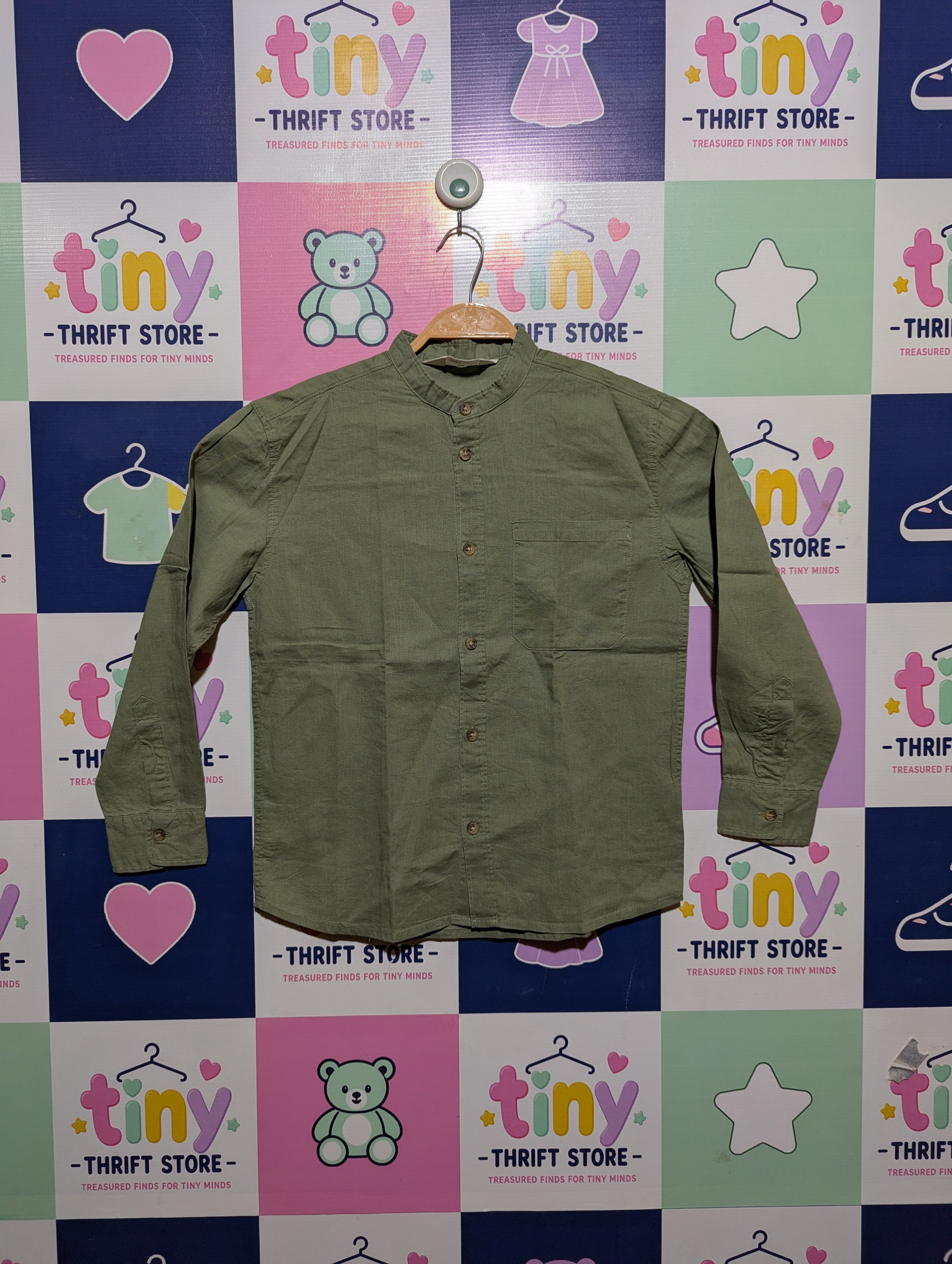 H&M Boys Olive Green Mandarin Collar Long-Sleeve Shirt - Size Estimated Age 8-9 Years AB2