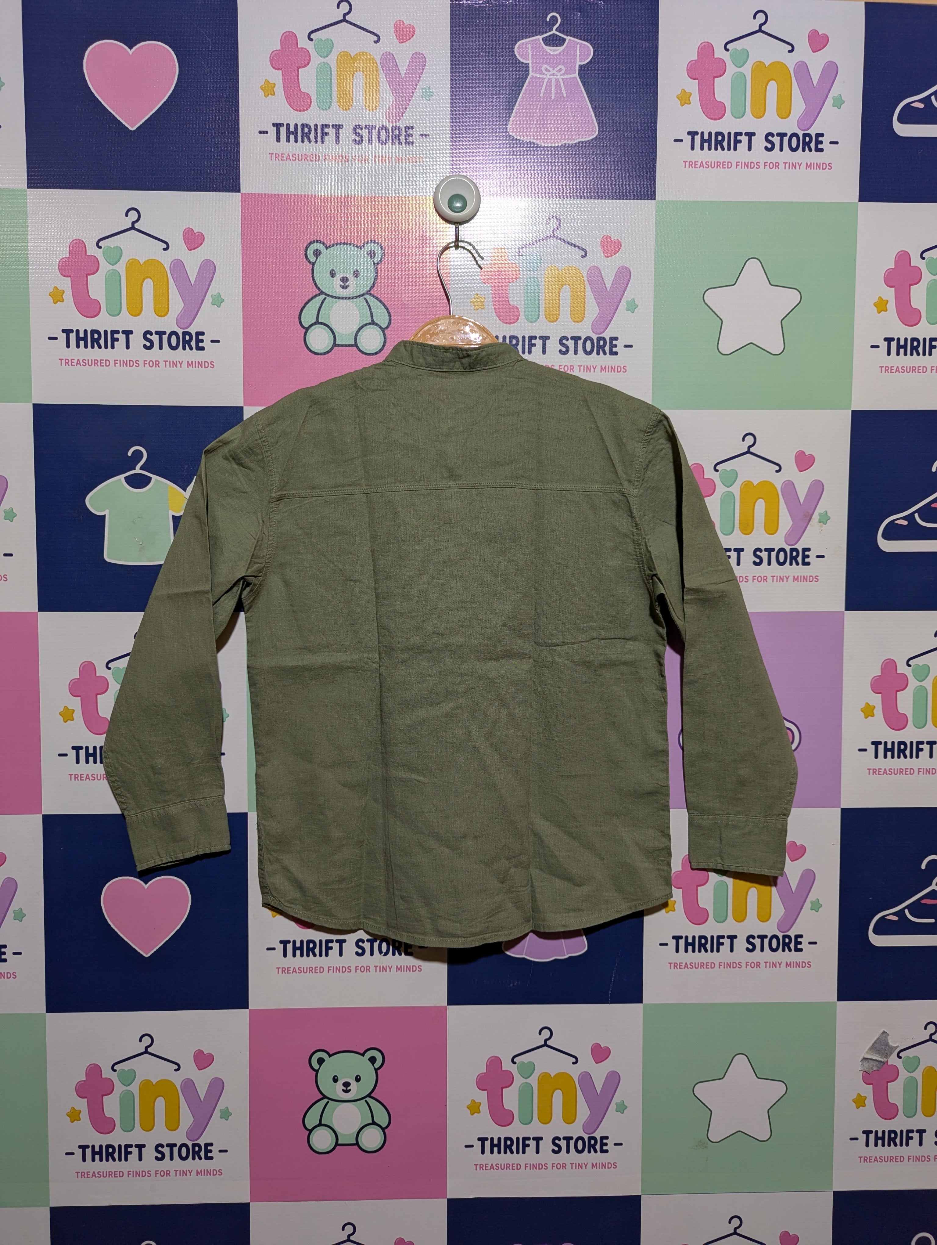 H&M Boys Olive Green Mandarin Collar Long-Sleeve Shirt - Size Estimated Age 8-9 Years AB2