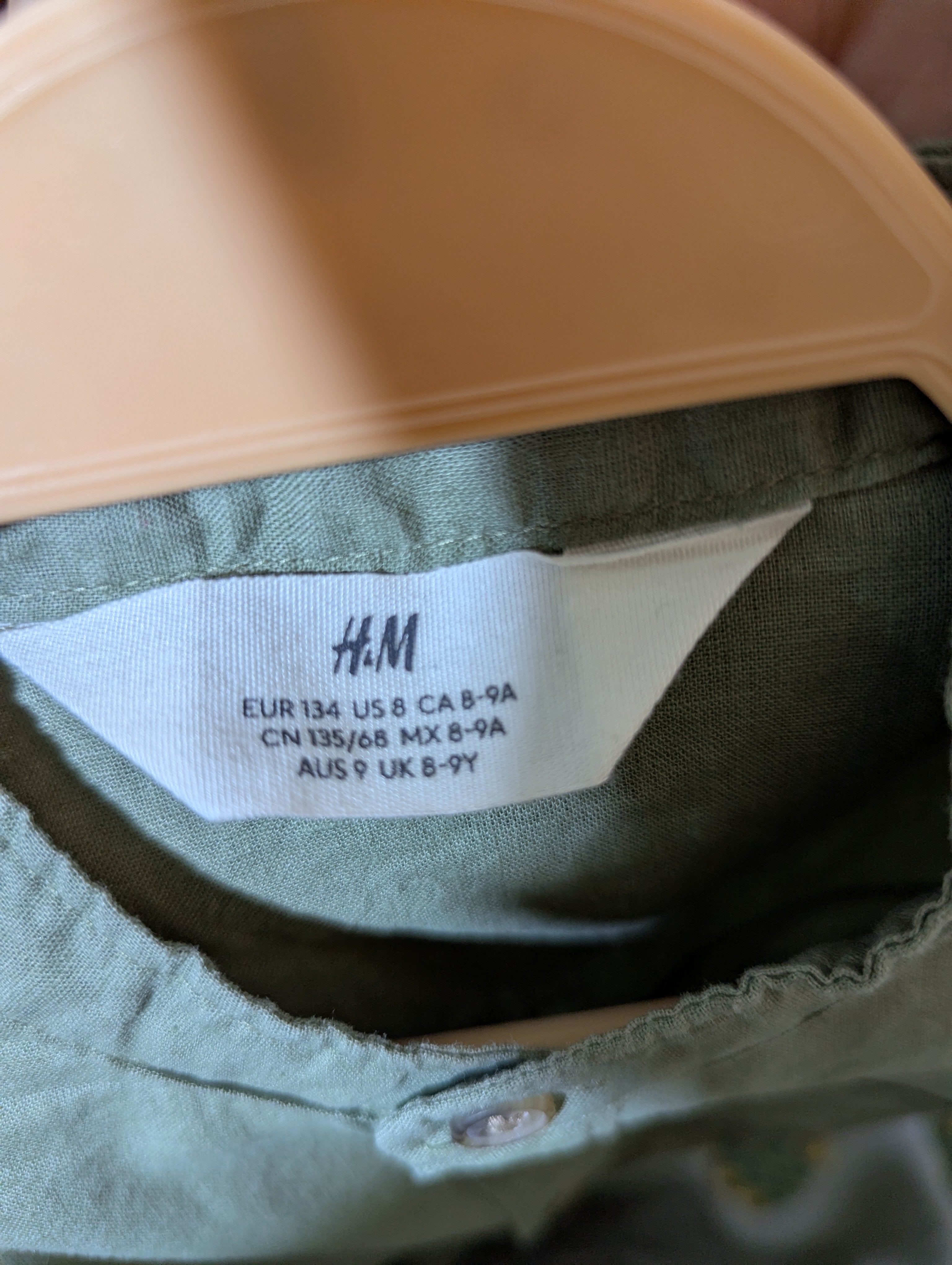 H&M Boys Olive Green Mandarin Collar Long-Sleeve Shirt - Size Estimated Age 8-9 Years AB2