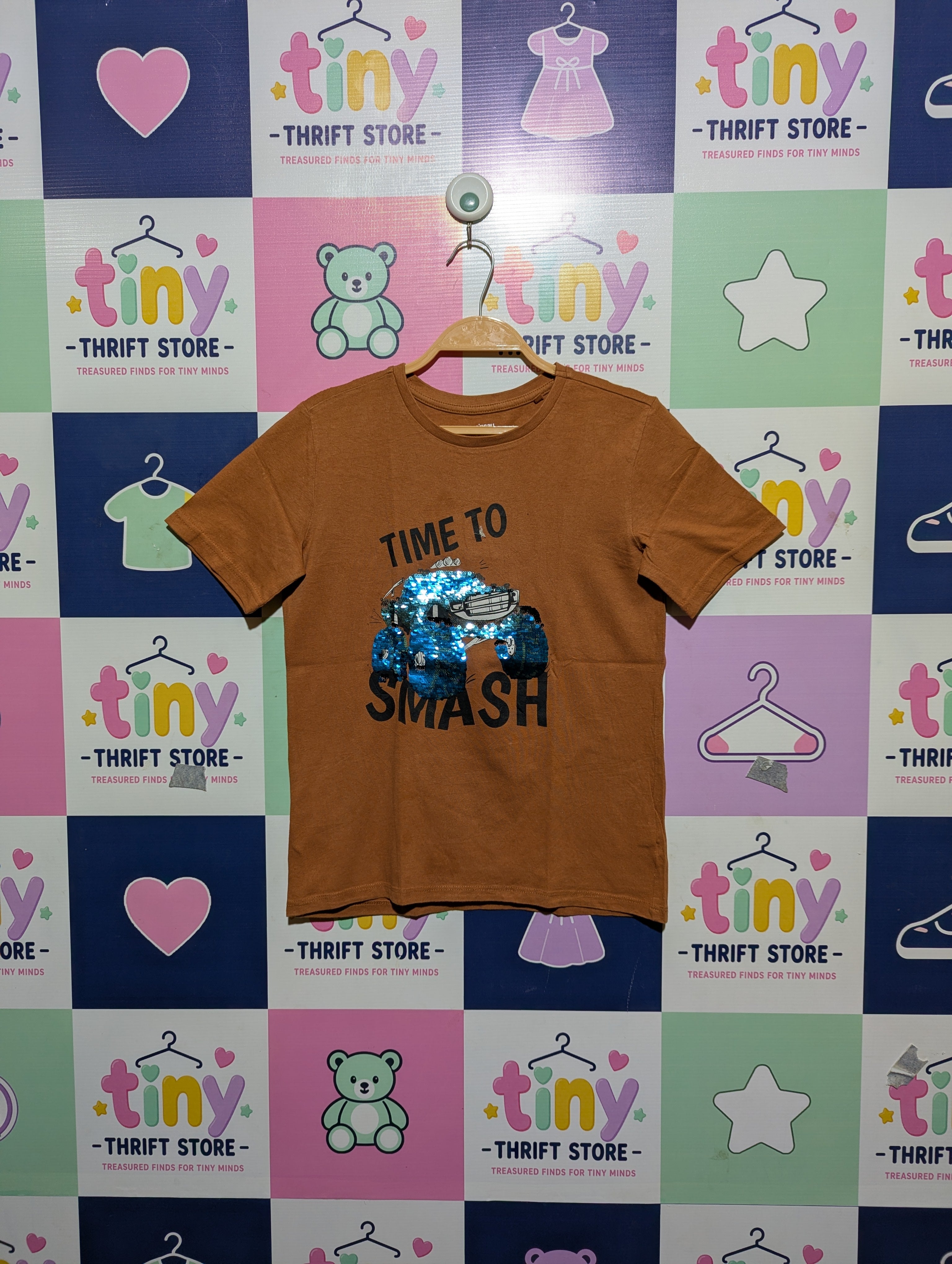 Sinsay Boys Brown "Time To Smash" Monster Truck Sequin Tee - Size Estimated Age 9-10 Years AB2