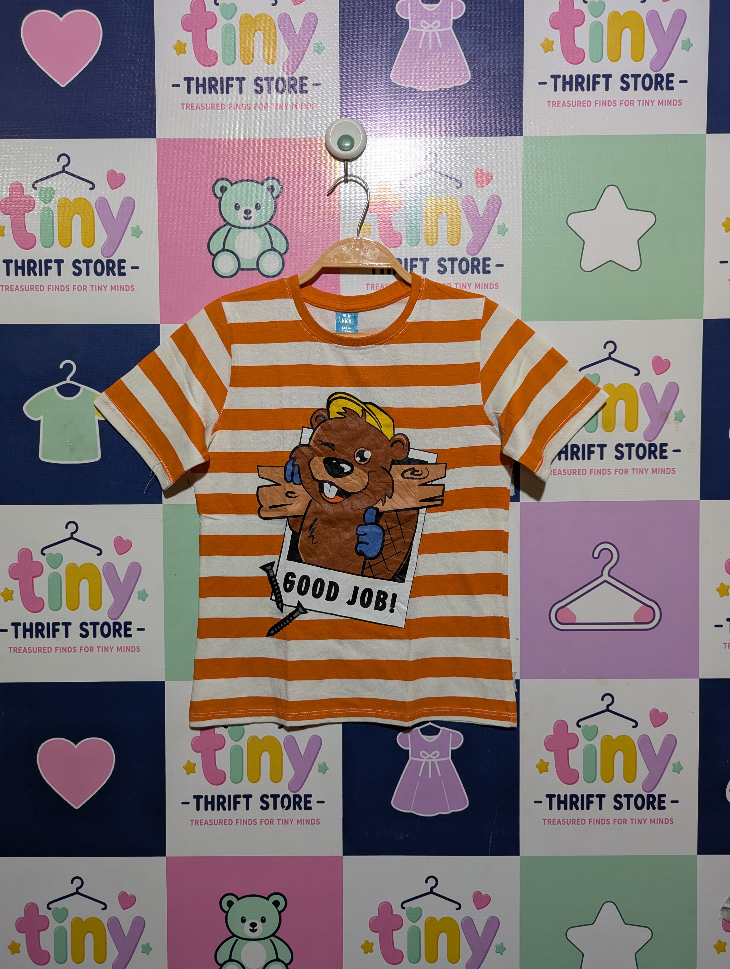 Little Kids Boys Orange and White Striped "Good Job!" Graphic Tee - Size Estimated Age 8-9 Years AB2
