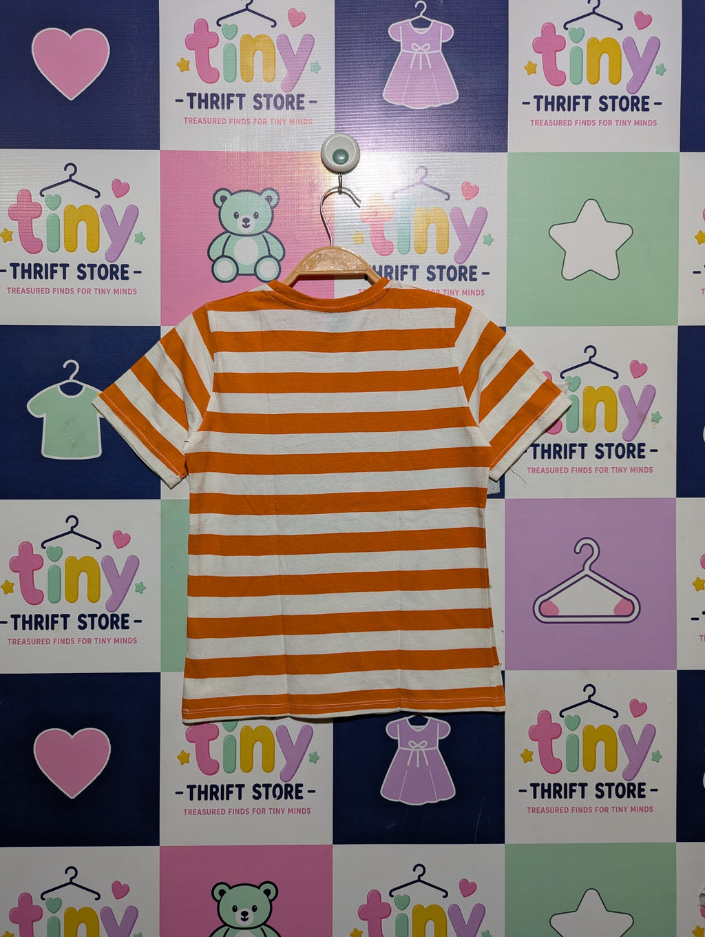 Little Kids Boys Orange and White Striped "Good Job!" Graphic Tee - Size Estimated Age 8-9 Years AB2