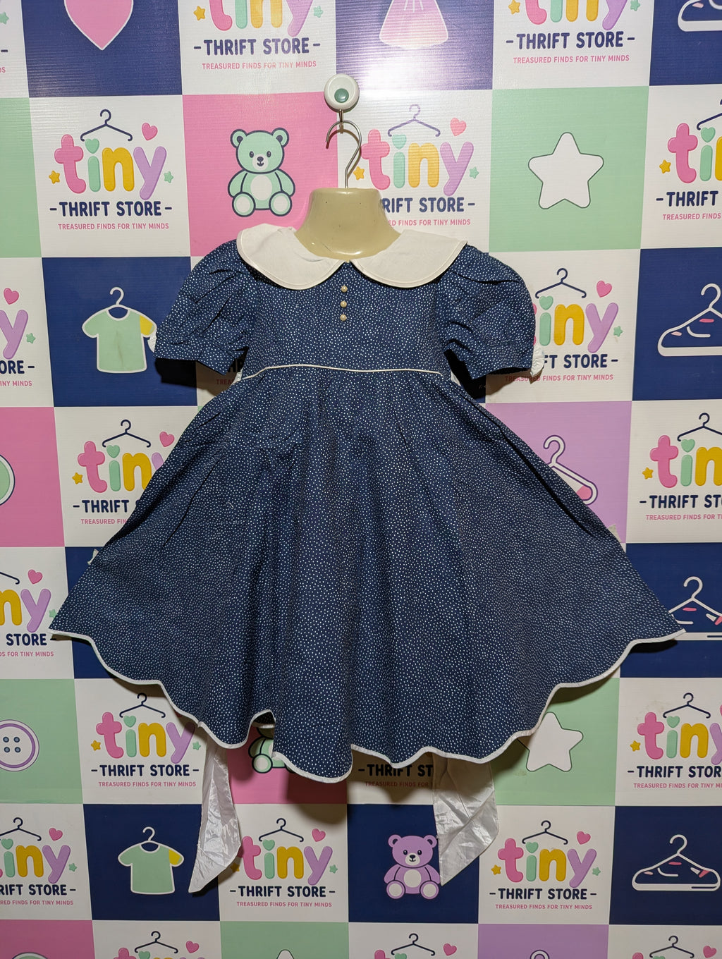 Jessy Franz Girls Navy Blue Polka Dot Vintage-Style Dress - Size Estimated Age 6Y AB2