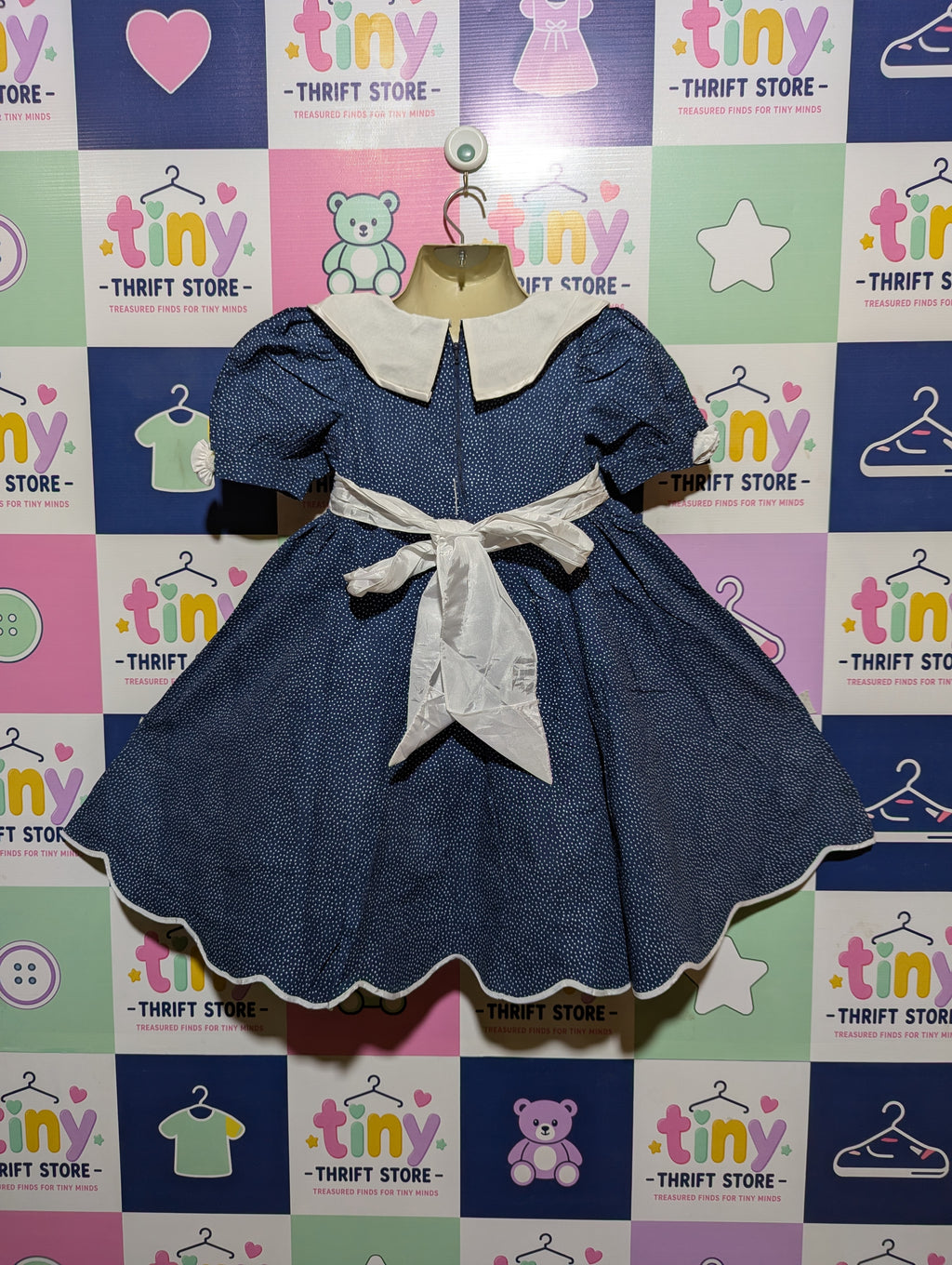 Jessy Franz Girls Navy Blue Polka Dot Vintage-Style Dress - Size Estimated Age 6Y AB2