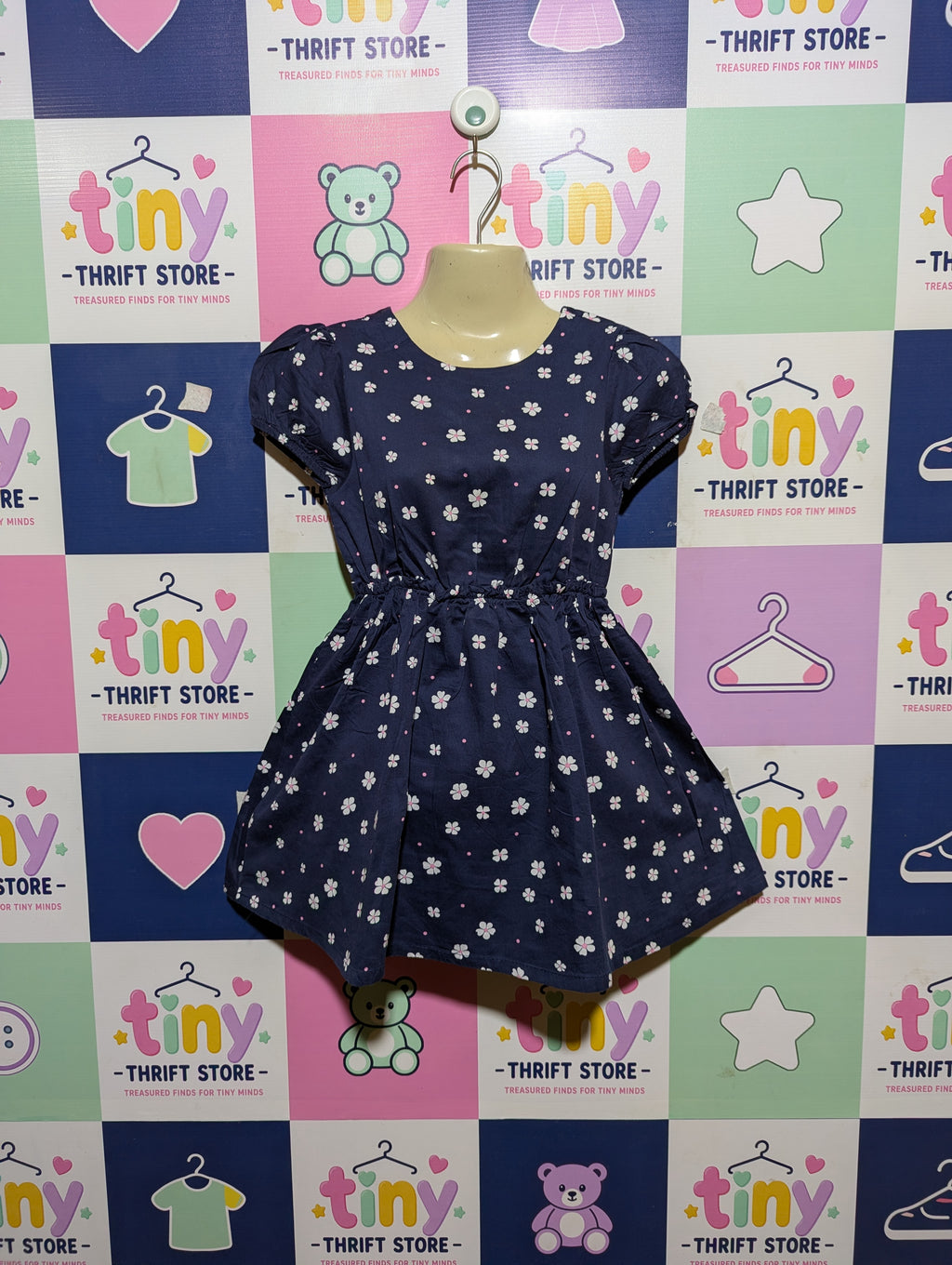 Little Kids Girls Navy Blue Floral Print Dress - Size Estimated Age 8-9 Years AB2