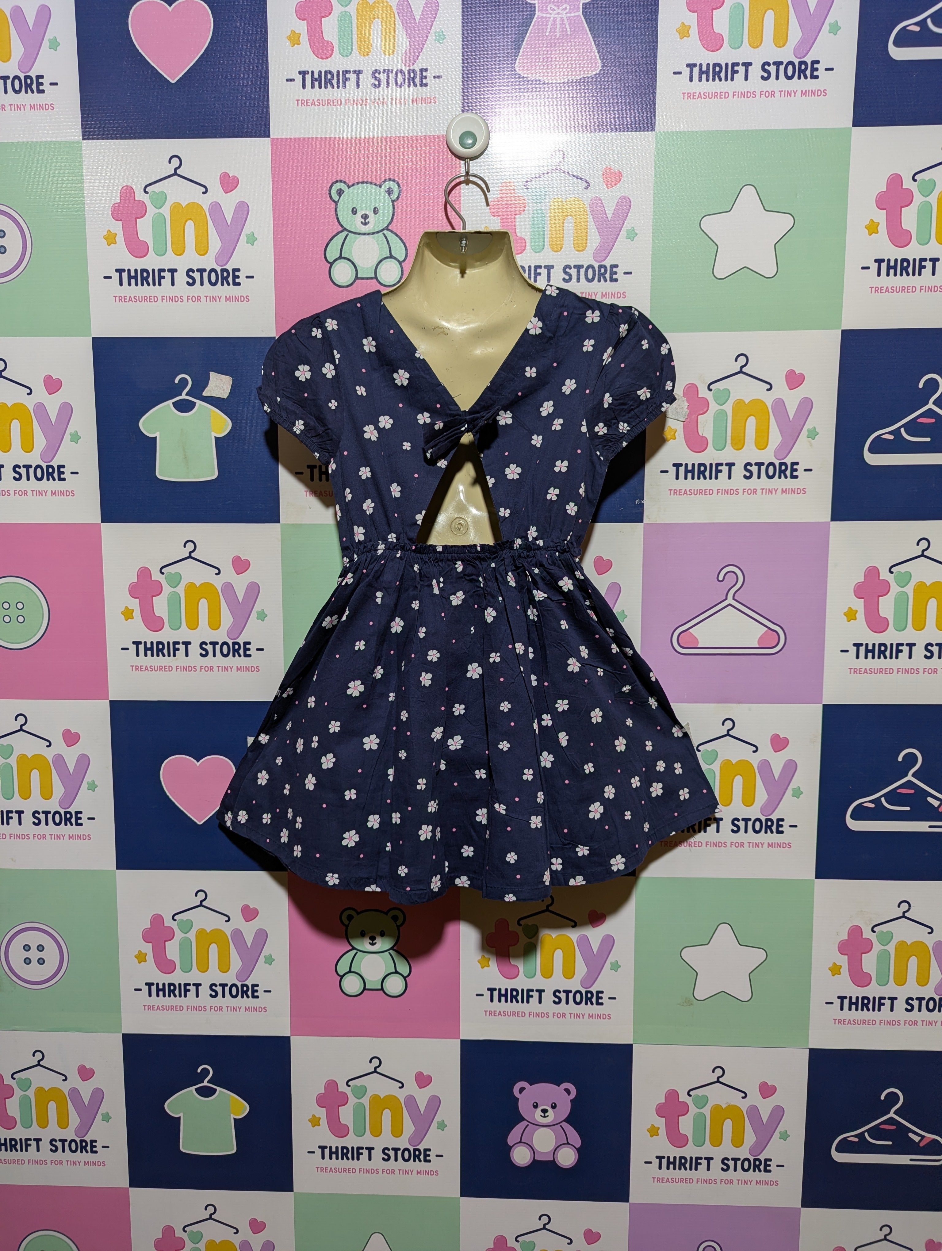 Little Kids Girls Navy Blue Floral Print Dress - Size Estimated Age 8-9 Years AB2