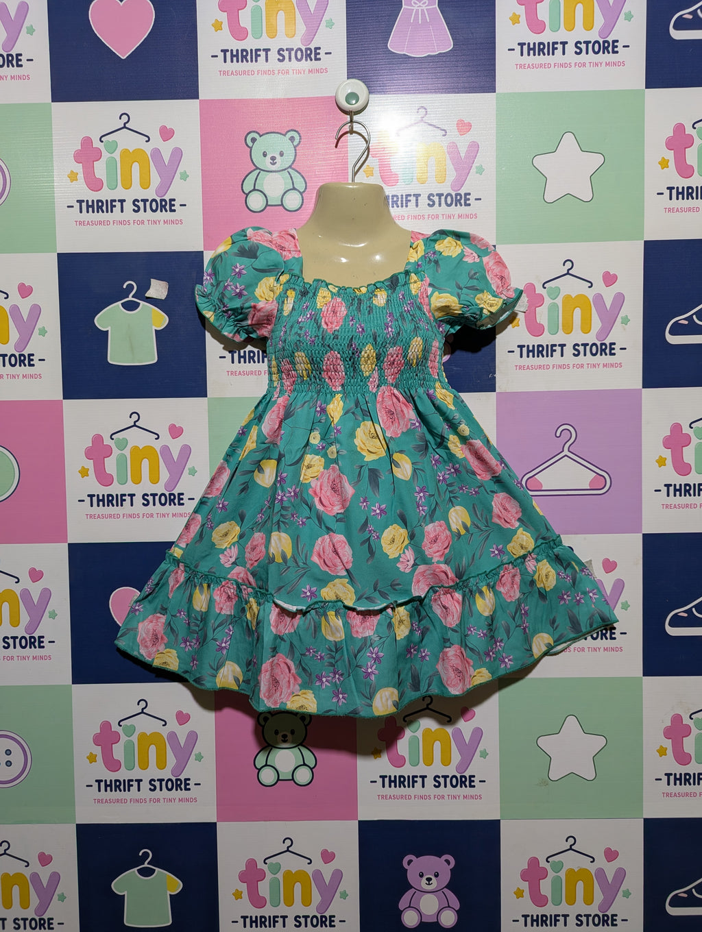Girls Teal Floral Smocked Puff Sleeve Dress - Size 130 (Estimated Age 7-8 Years) AB2