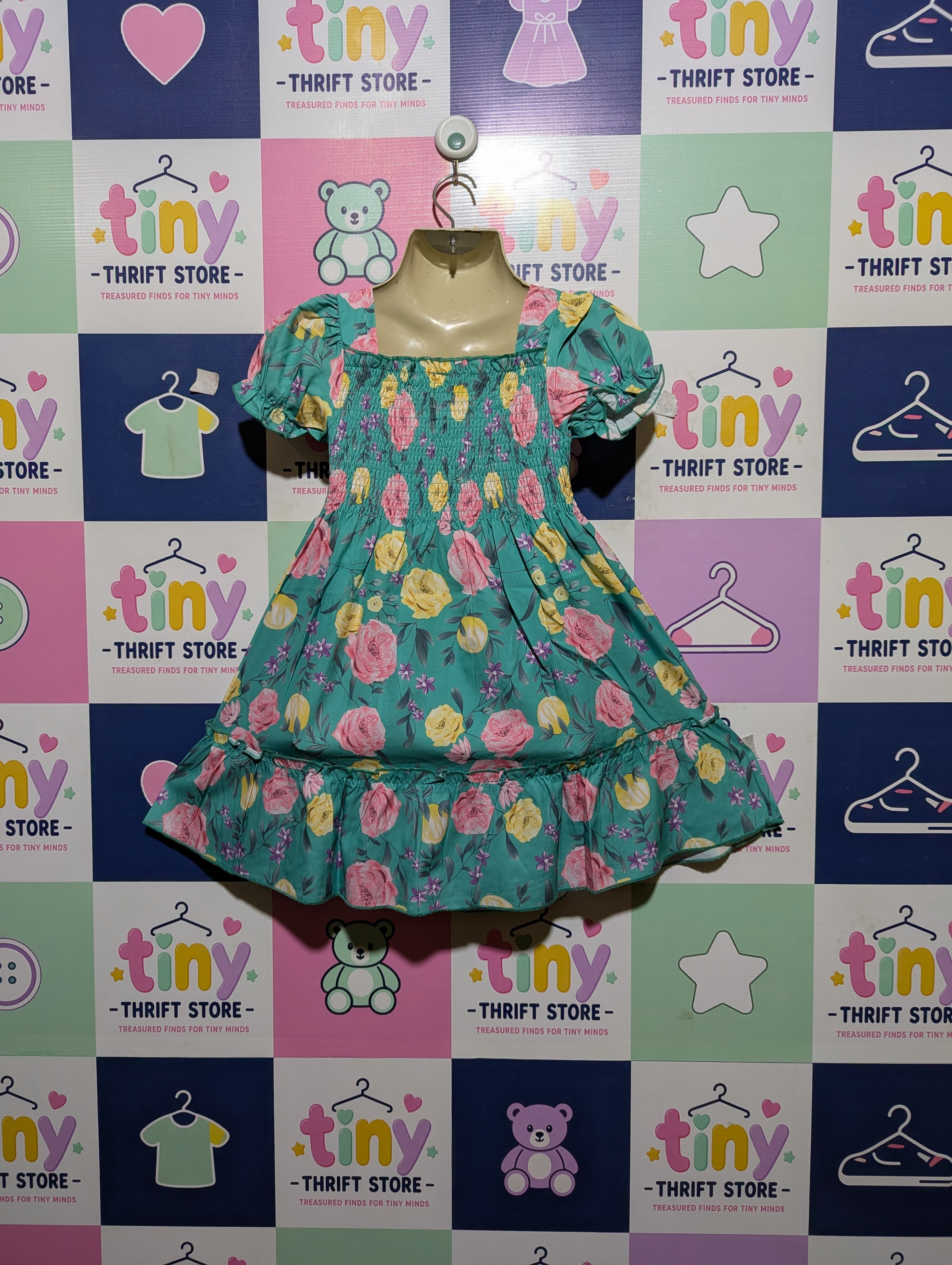 Girls Teal Floral Smocked Puff Sleeve Dress - Size 130 (Estimated Age 7-8 Years) AB2