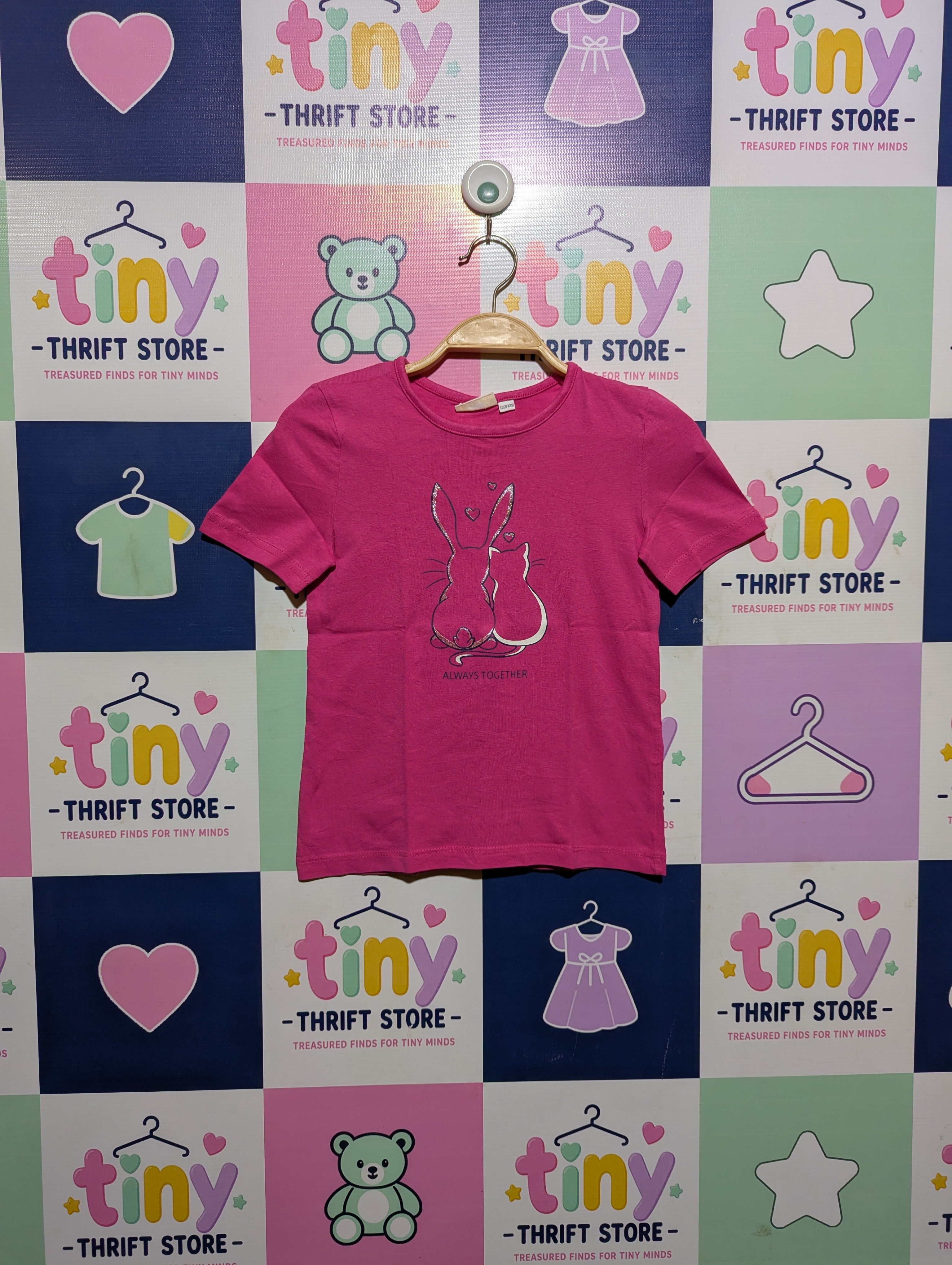 Kids Girls Fuchsia Pink "Always Together" Graphic Tee - Size 122/128 (Estimated Age 7-8 Years) AB2