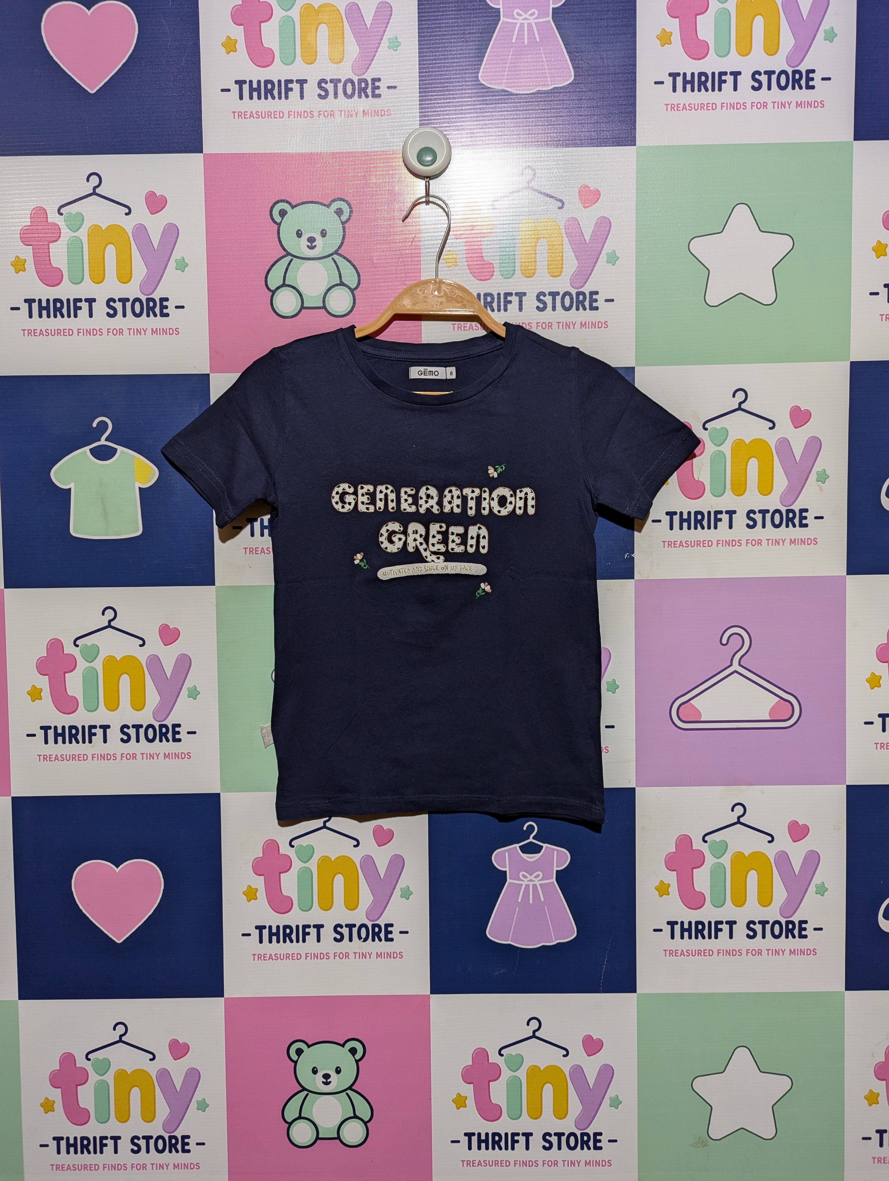Gémo Girls Navy Blue "Generation Green" Graphic Tee - Size 8 (Estimated Age 8 Years) AB2