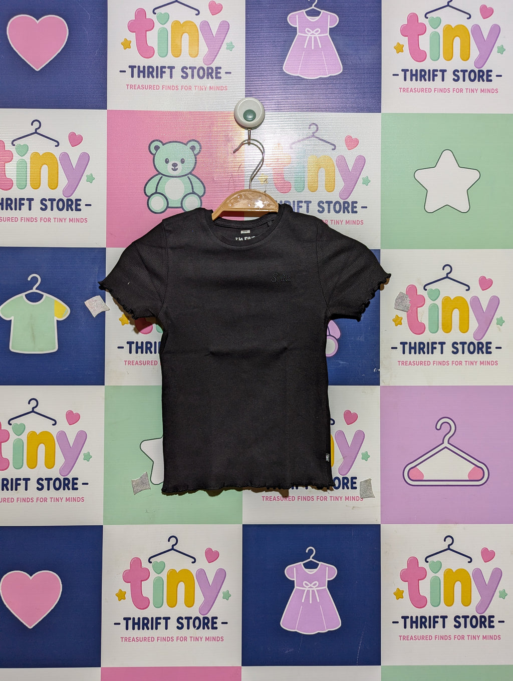 WE Girls Black "I'm Fine Thank You" Ribbed Tee - Size 122/128 (Estimated Age 7-8 Years) AB2