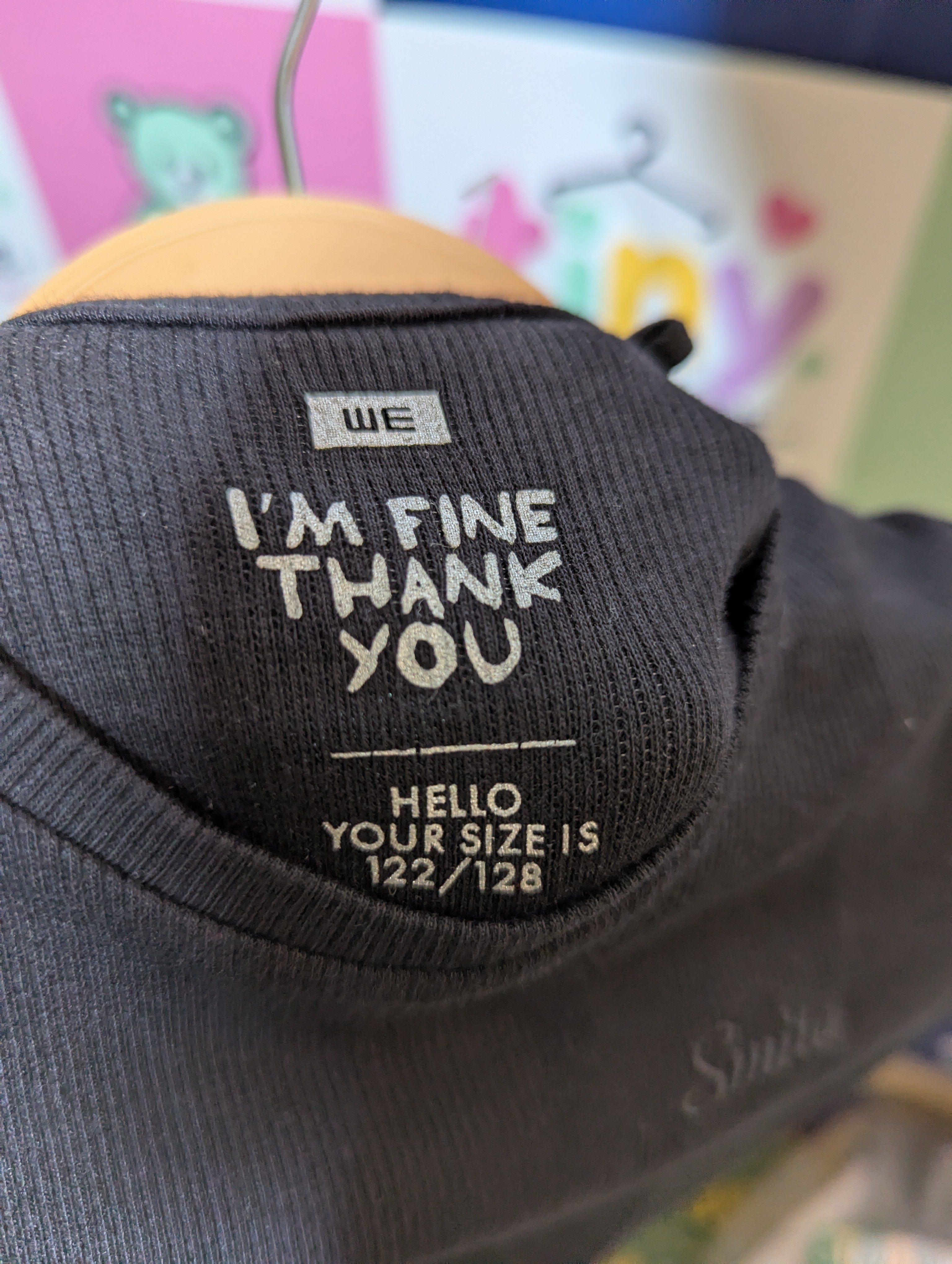 WE Girls Black "I'm Fine Thank You" Ribbed Tee - Size 122/128 (Estimated Age 7-8 Years) AB2