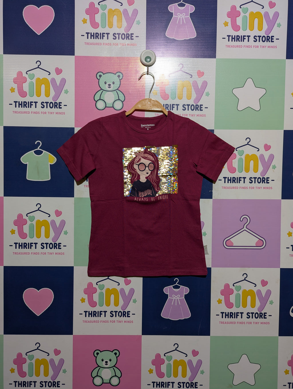 Inextenso Girls Maroon "Always Be Unique" Sequin Graphic Tee - Size 8 Years (Estimated Age 8 Years) AB2