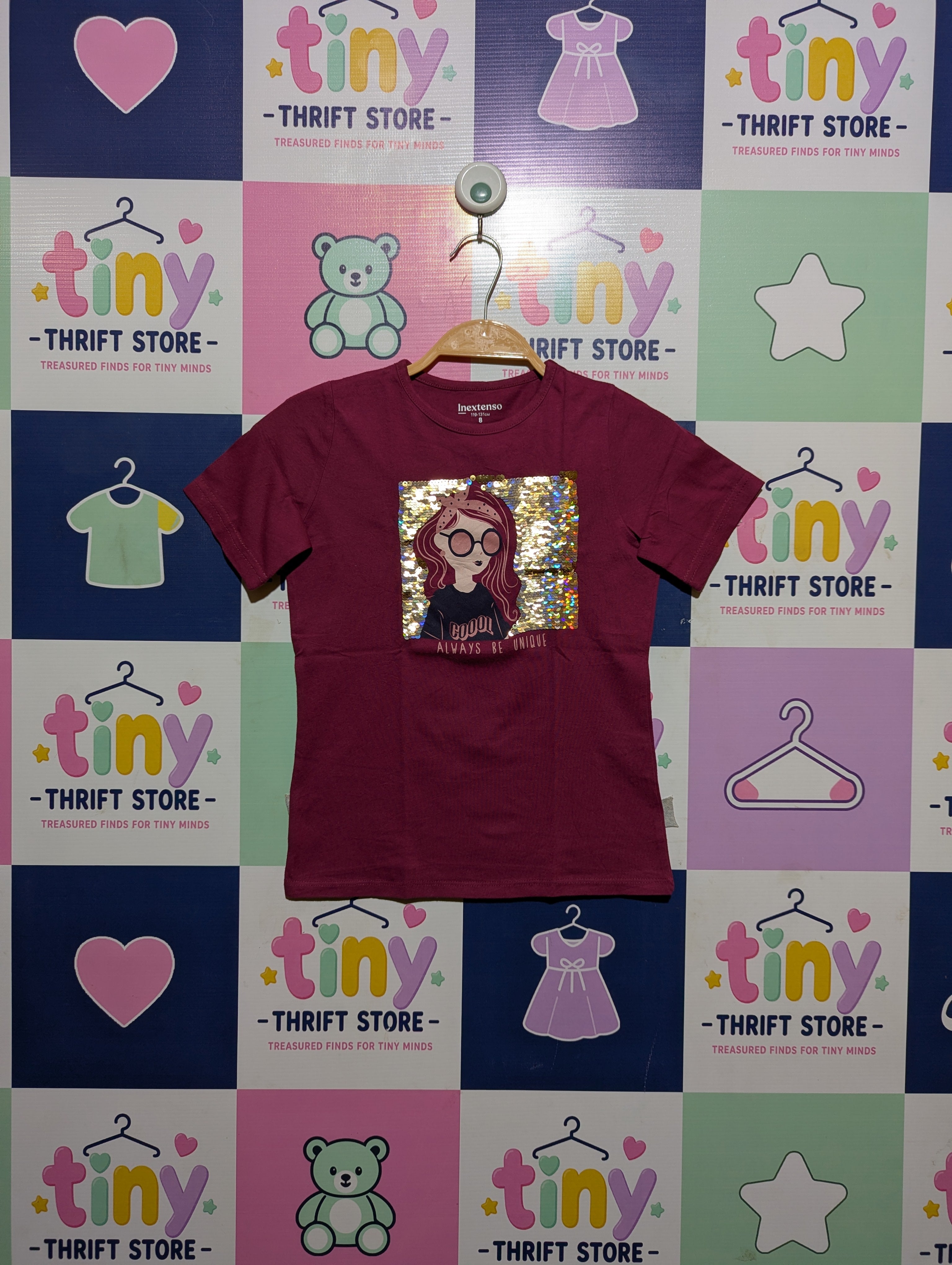 Inextenso Girls Maroon "Always Be Unique" Sequin Graphic Tee - Size 8 Years (Estimated Age 8 Years) AB2