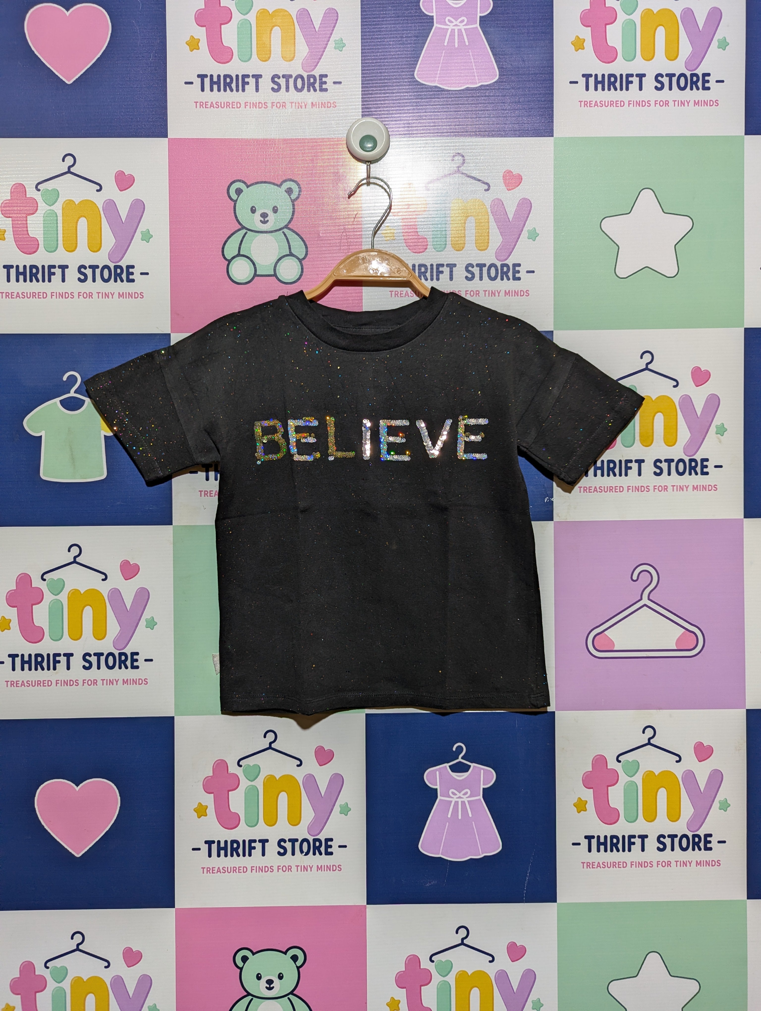 Nutmeg Girls Black "BELIEVE" Sparkle Tee - Size 7-8 Years (Estimated Age 7-8 Years) AB2