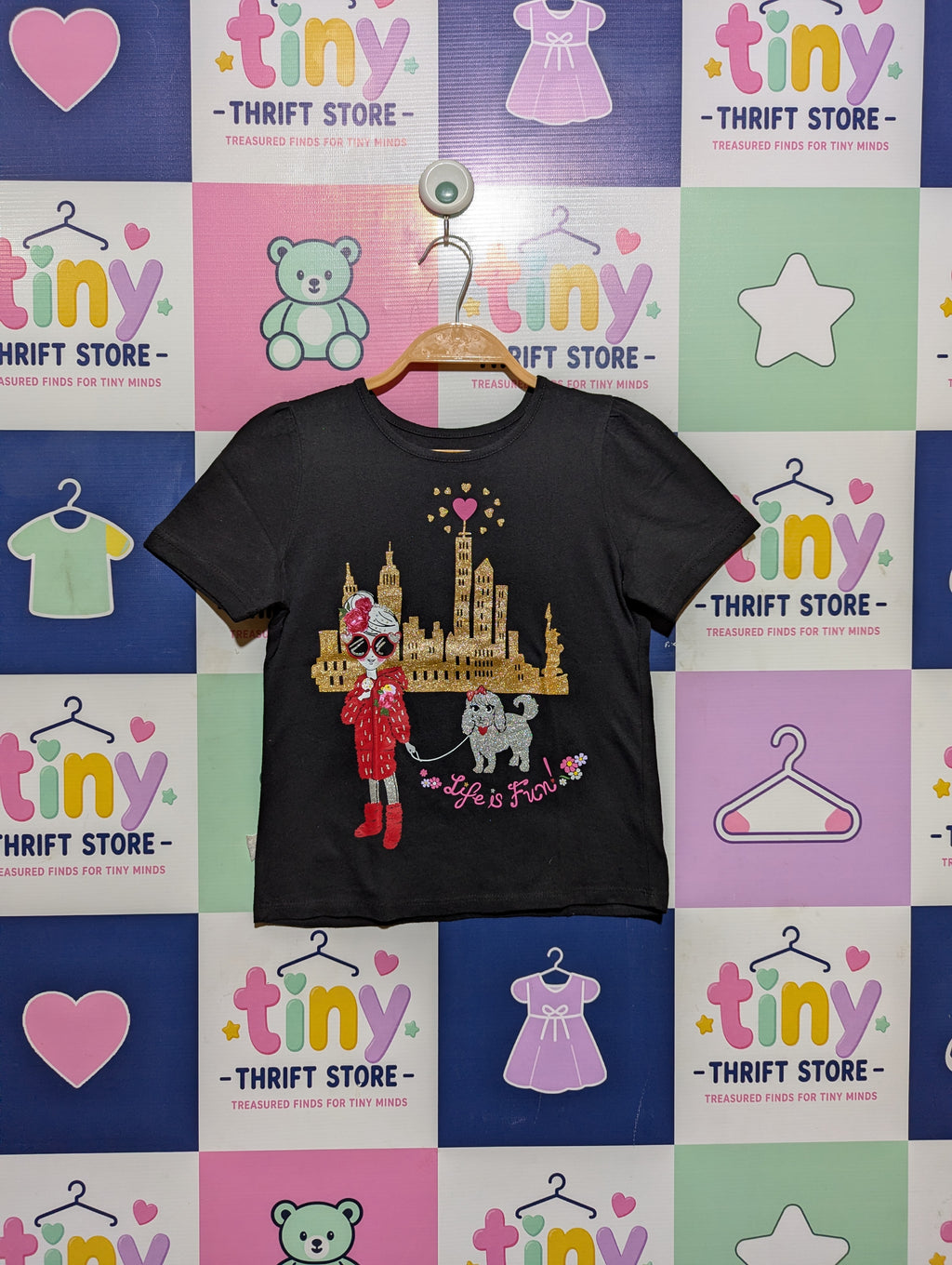 365 Kids from Garanimals Girls Black "Life is Fun" Graphic Tee - Size 7 (Estimated Age 7 Years) AB2