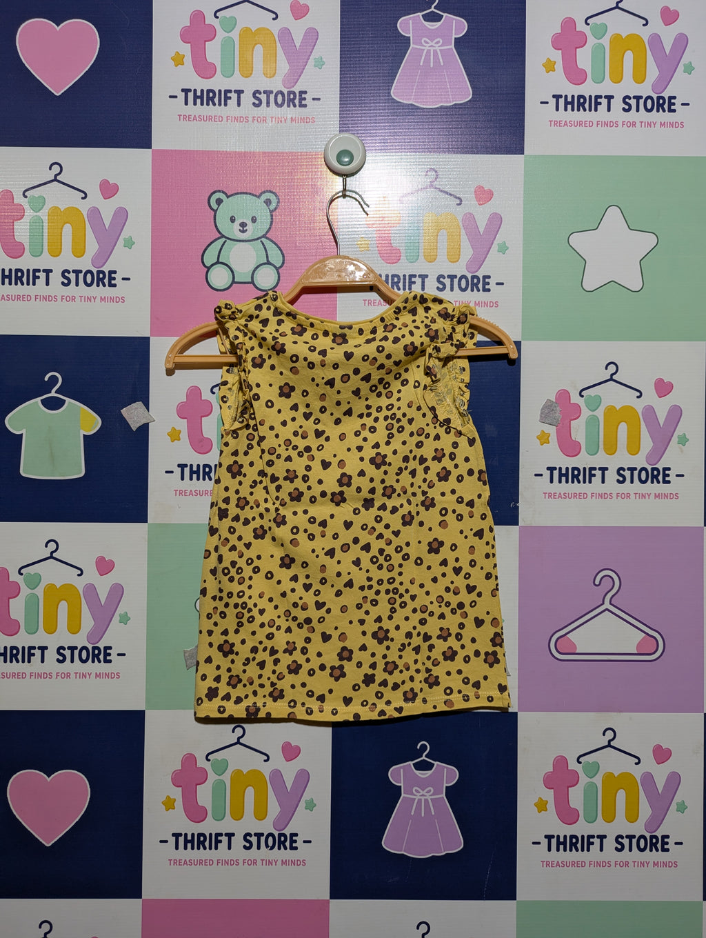 Little Kids Girls Mustard Yellow Floral & Heart Print Ruffle Tee - Size 128 cm (Estimated Age 7-8 Years) AB2