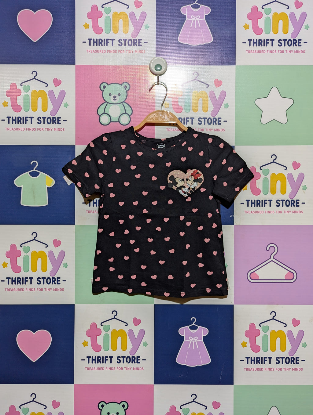 Disney Girls Black Minnie Mouse Heart Print Tee - Size 122 cm (Estimated Age 6-7 Years) AB2