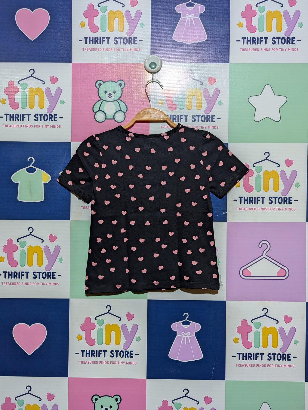 Disney Girls Black Minnie Mouse Heart Print Tee - Size 122 cm (Estimated Age 6-7 Years) AB2
