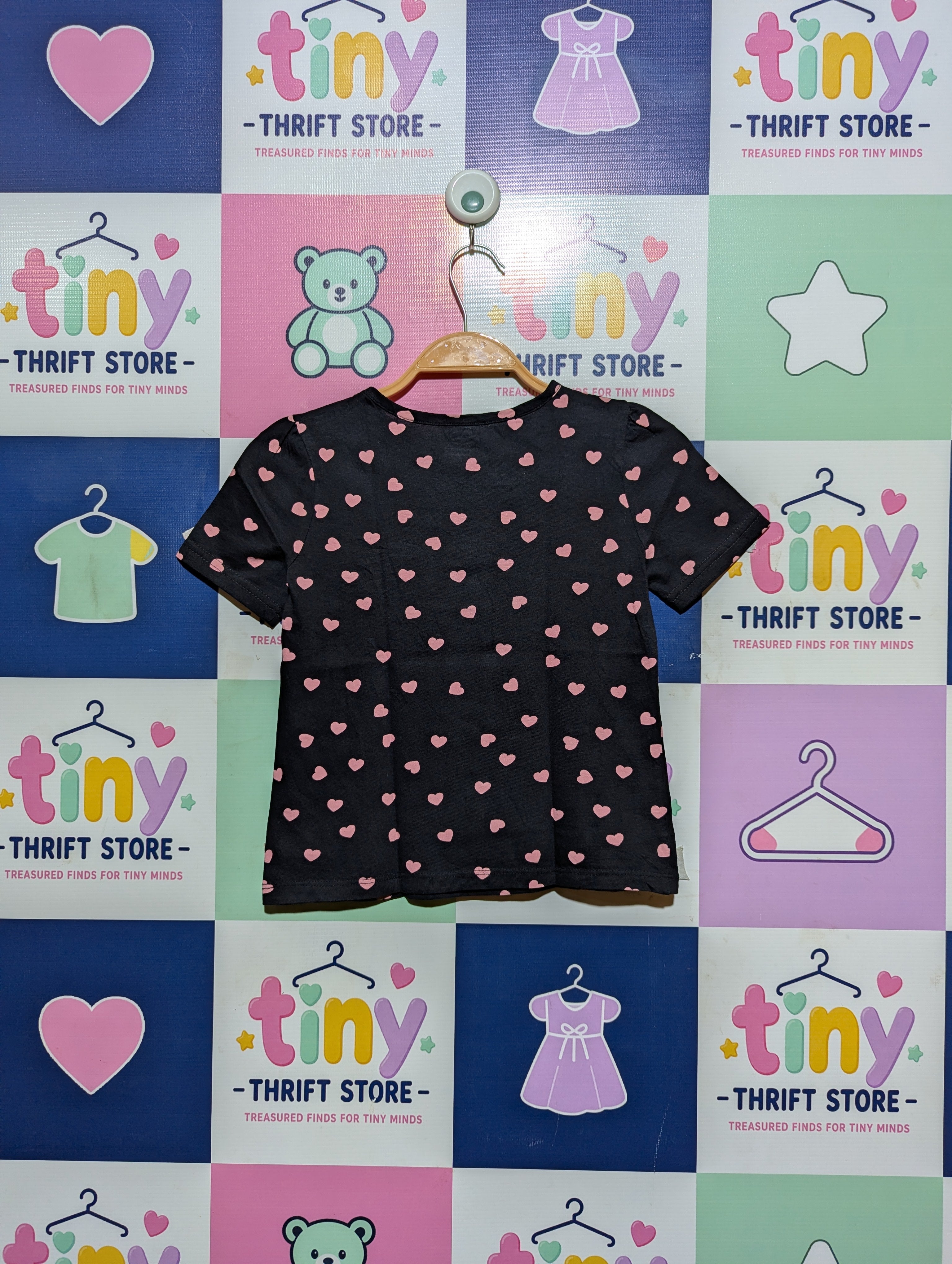 Disney Girls Black Minnie Mouse Heart Print Tee - Size 122 cm (Estimated Age 6-7 Years) AB2