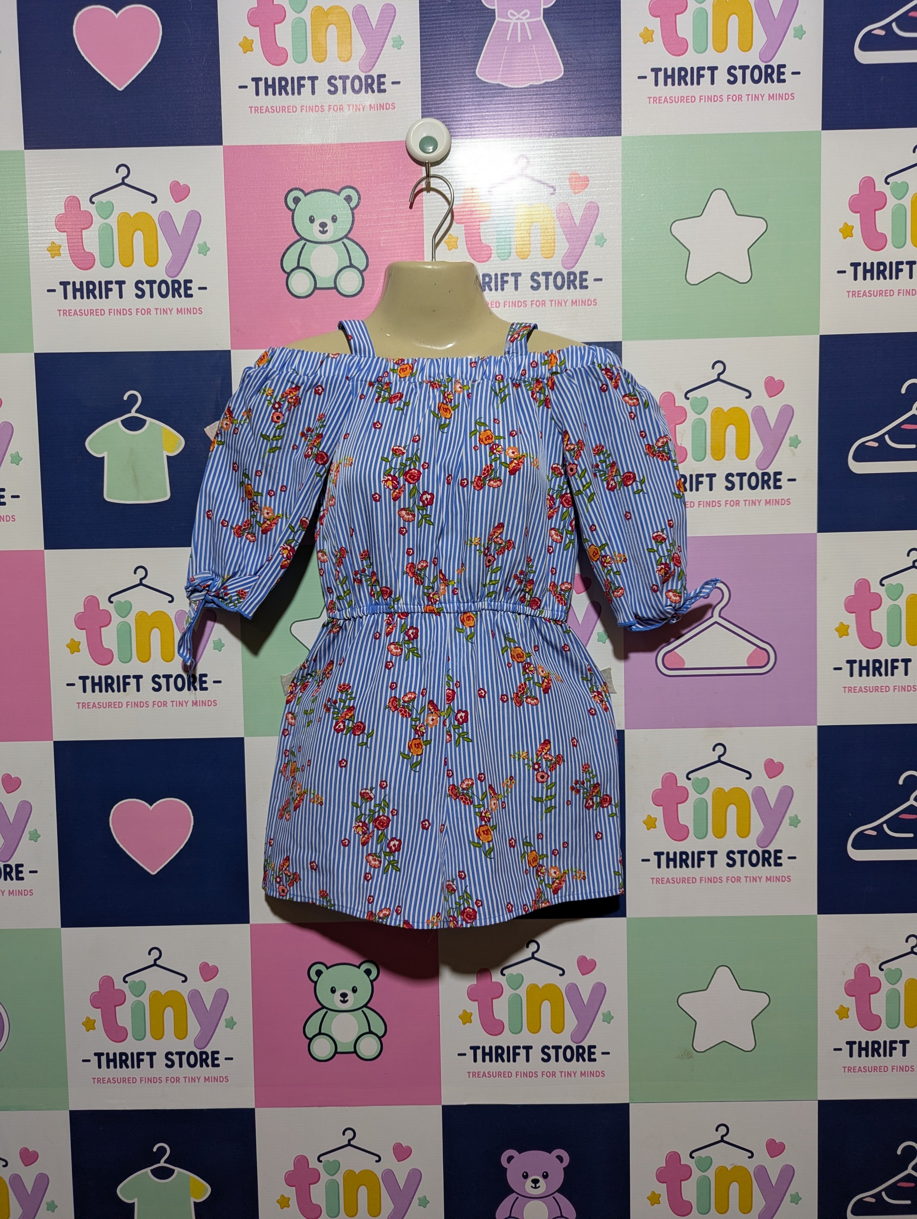 Jenna & Jessie Girls Blue Striped Floral Off-Shoulder Jumpsuit - Size 8 (Estimated Age 8 Years) AB2
