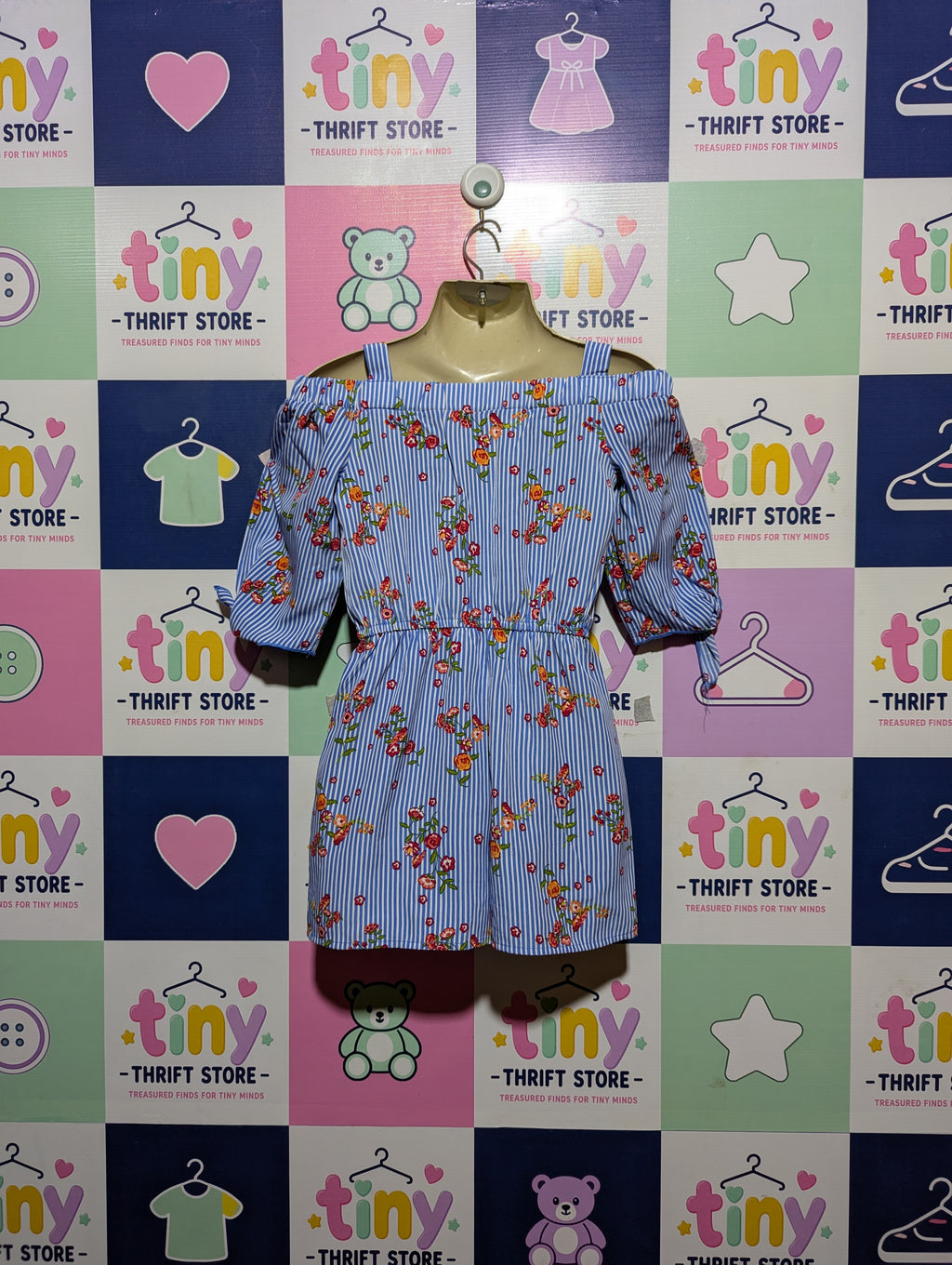 Jenna & Jessie Girls Blue Striped Floral Off-Shoulder Jumpsuit - Size 8 (Estimated Age 8 Years) AB2