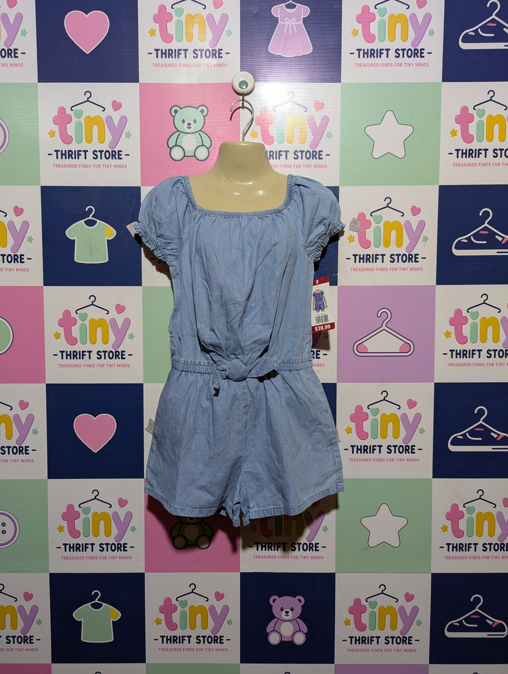 Girls Light Blue Chambray Puff Sleeve Jumpsuit - Size 8 (Estimated Age 8 Years) AB2