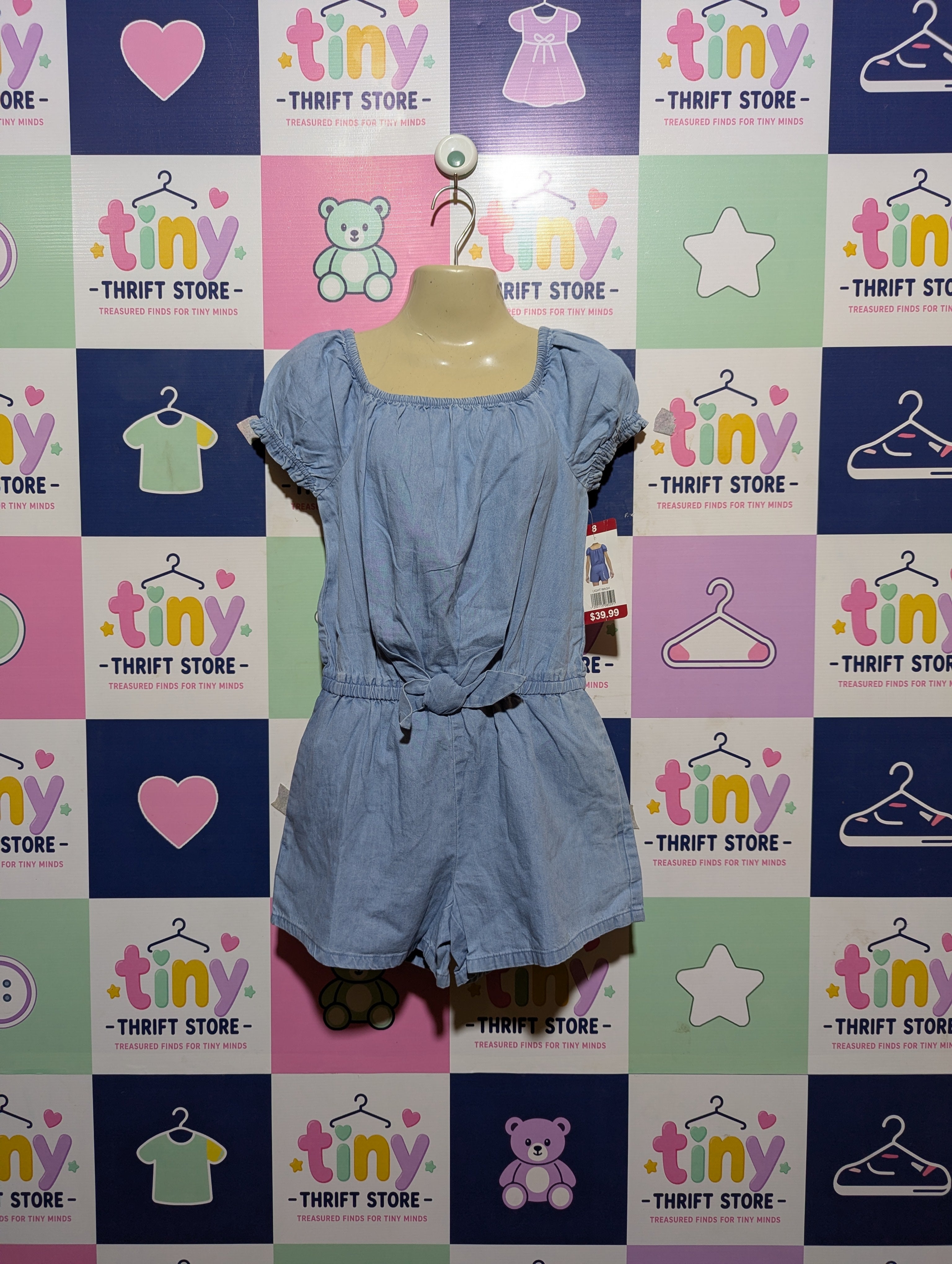 Girls Light Blue Chambray Puff Sleeve Jumpsuit - Size 8 (Estimated Age 8 Years) AB2
