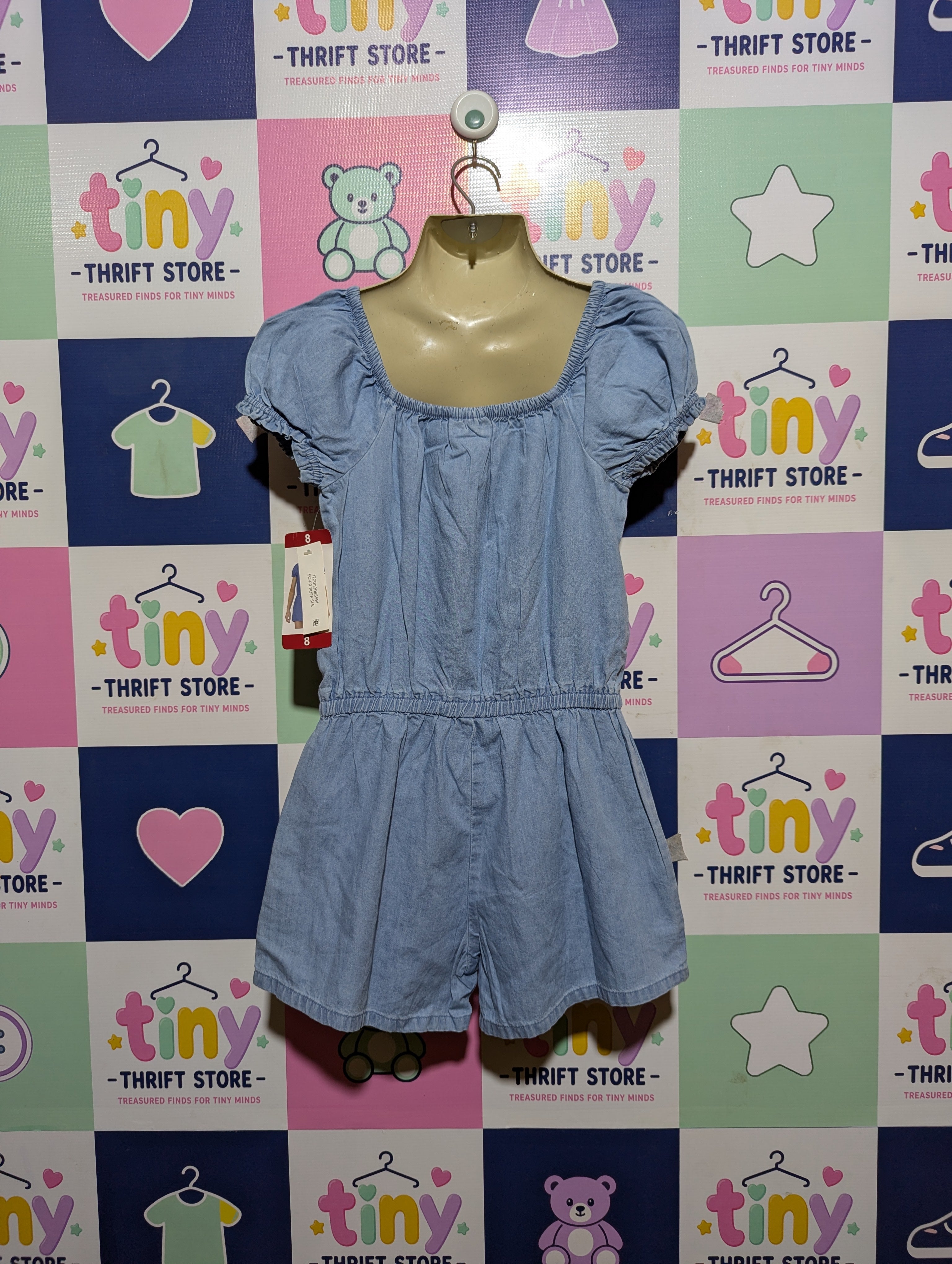 Girls Light Blue Chambray Puff Sleeve Jumpsuit - Size 8 (Estimated Age 8 Years) AB2