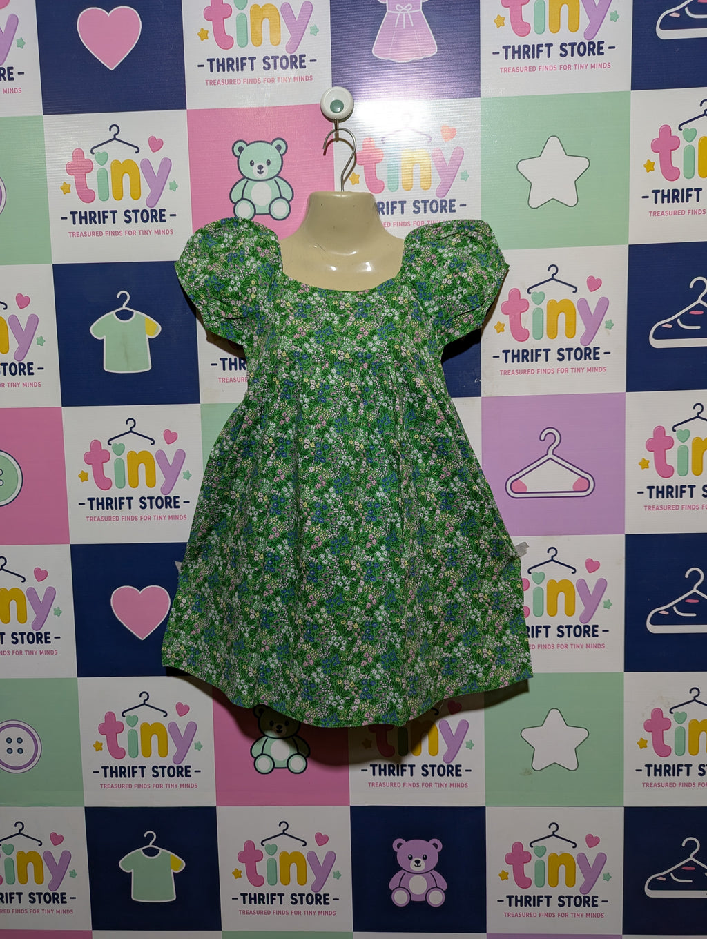 Janie and Jack Girls Green Floral Print Puff Sleeve Dress - Size 7 Estimated Age 7 Years AB2