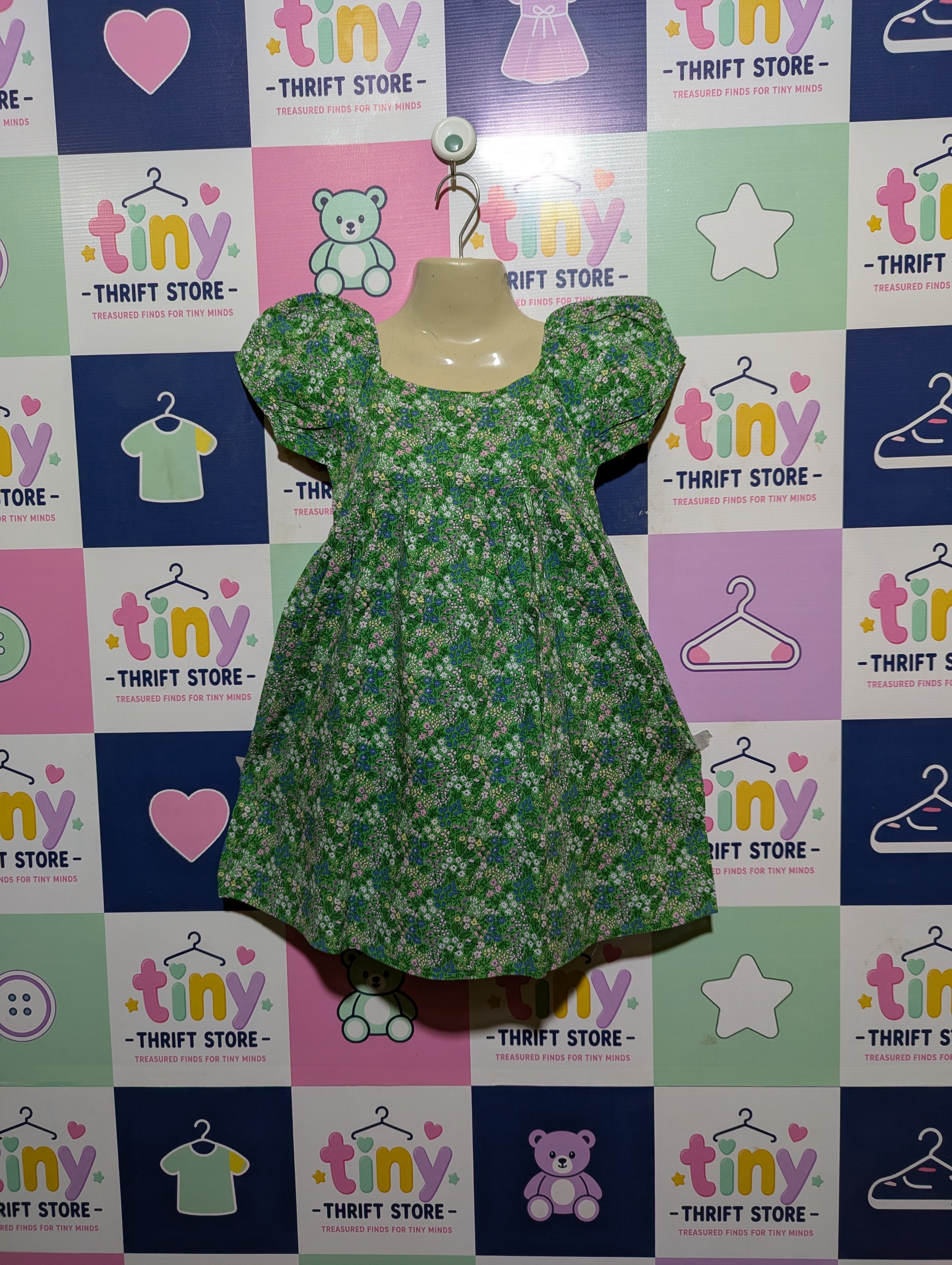 Janie and Jack Girls Green Floral Print Puff Sleeve Dress - Size 7 Estimated Age 7 Years AB2