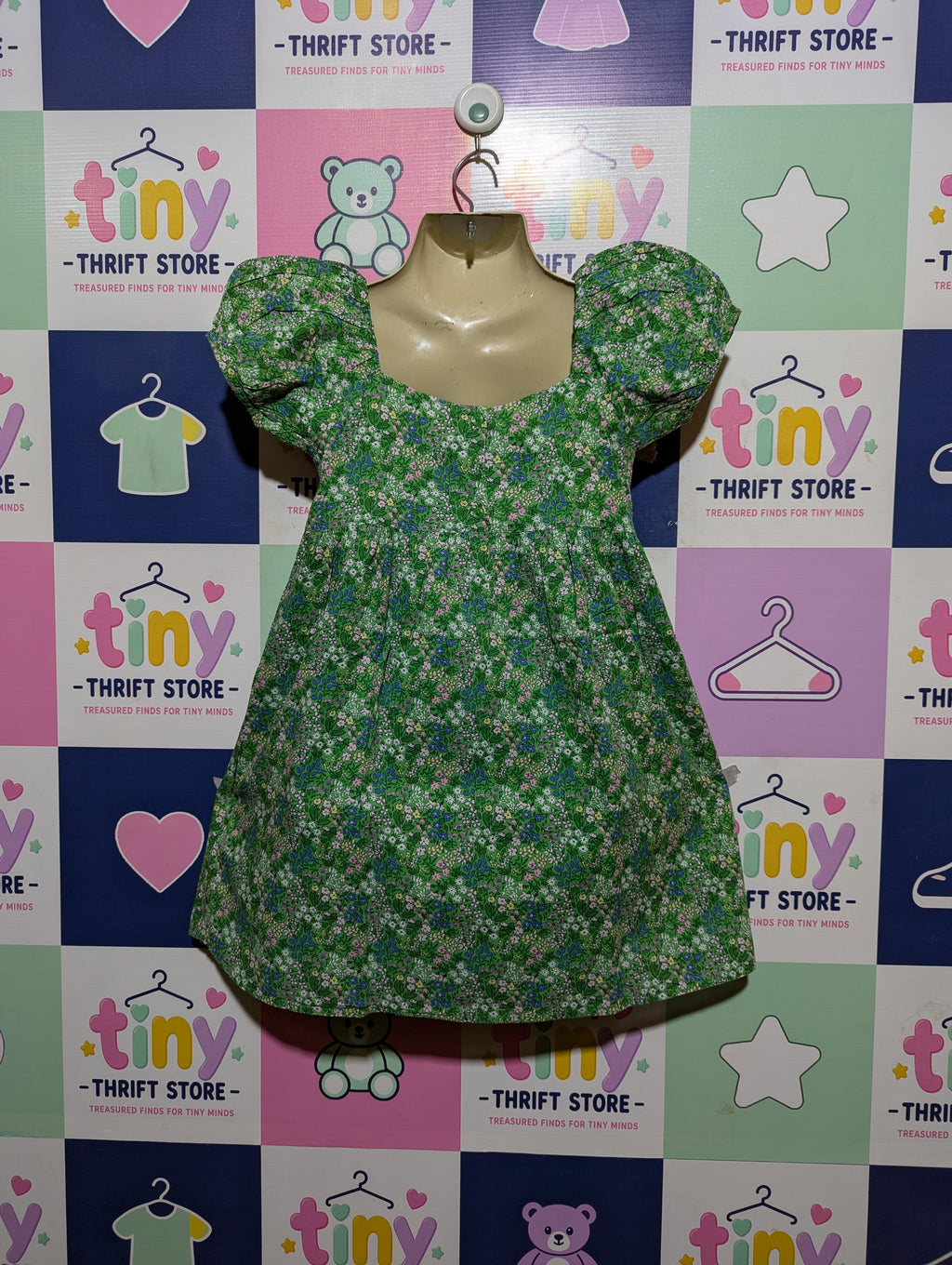 Janie and Jack Girls Green Floral Print Puff Sleeve Dress - Size 7 Estimated Age 7 Years AB2