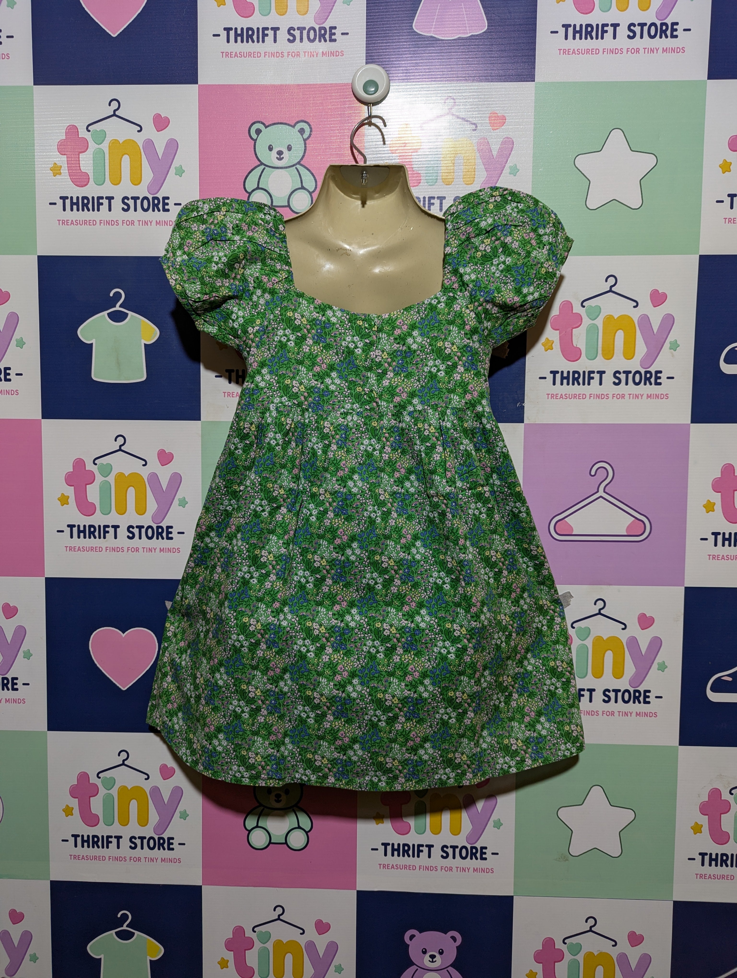 Janie and Jack Girls Green Floral Print Puff Sleeve Dress - Size 7 Estimated Age 7 Years AB2