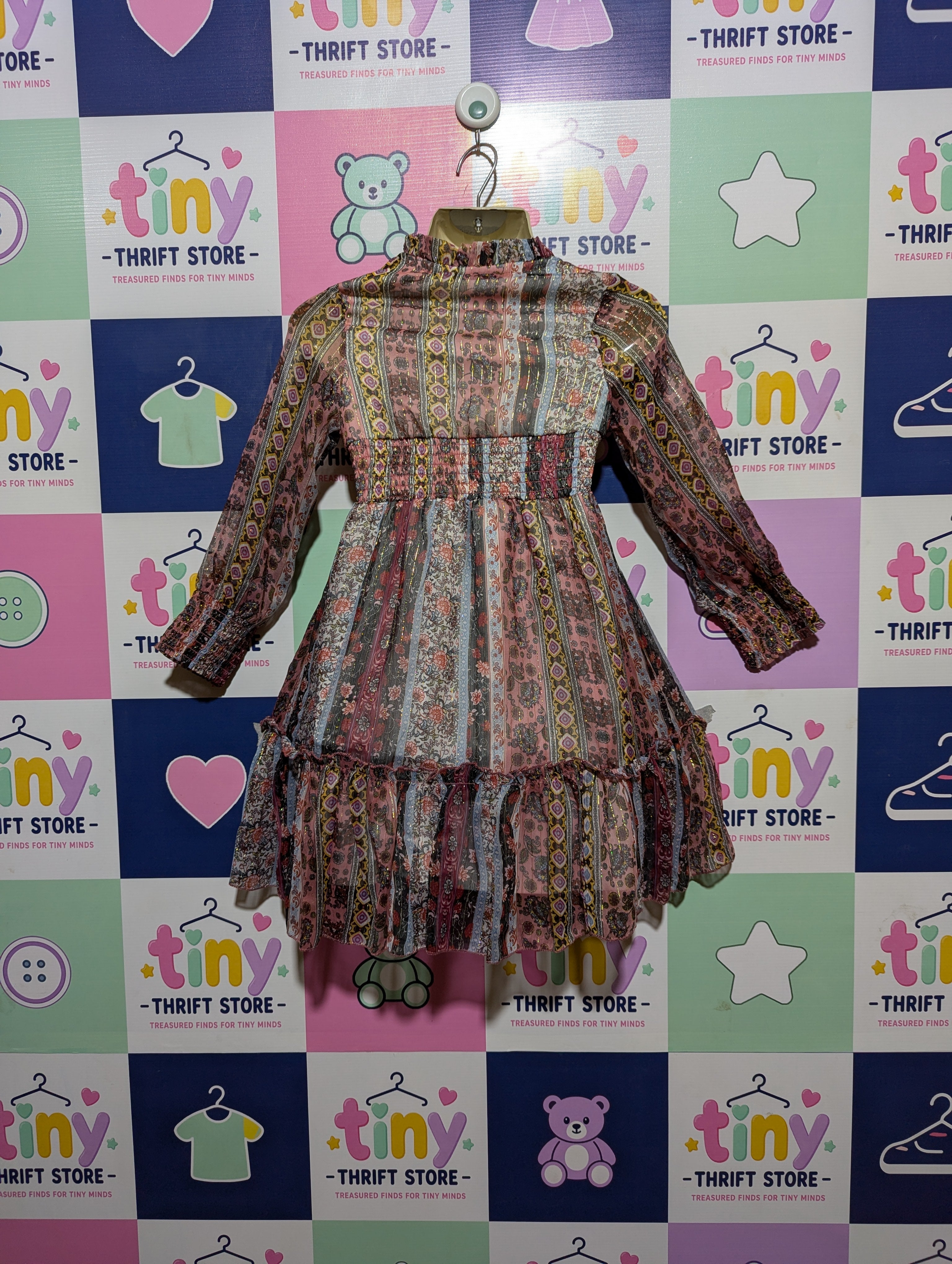 Rare Editions Girls Pink & Multi-Color Bohemian Floral Print Dress - Size 7 Estimated Age 7 Years AB2