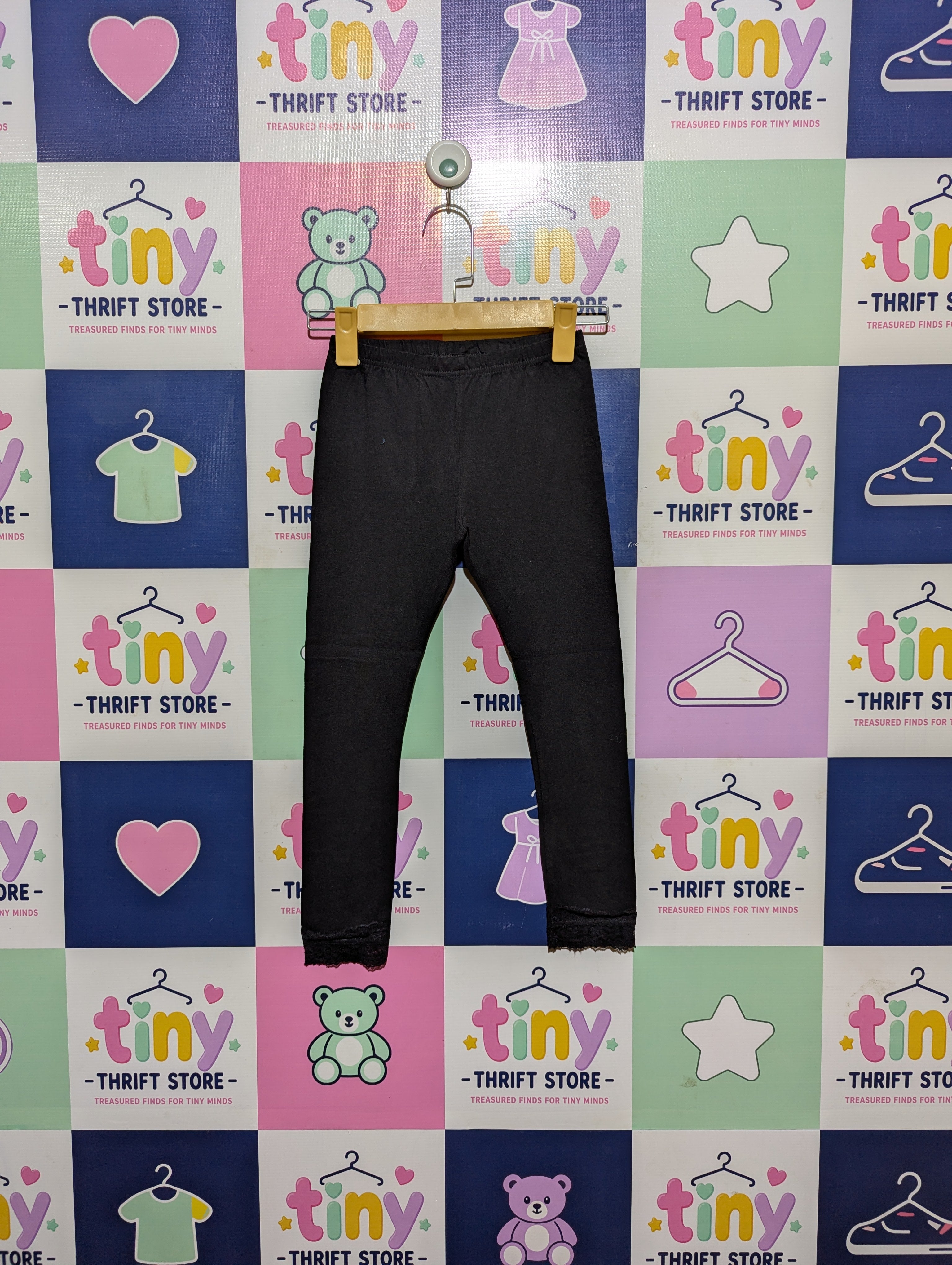 Navy Girls Essential Black Lace-Hem Leggings - Size 130 CM Estimated Age 8-9 Years AB2