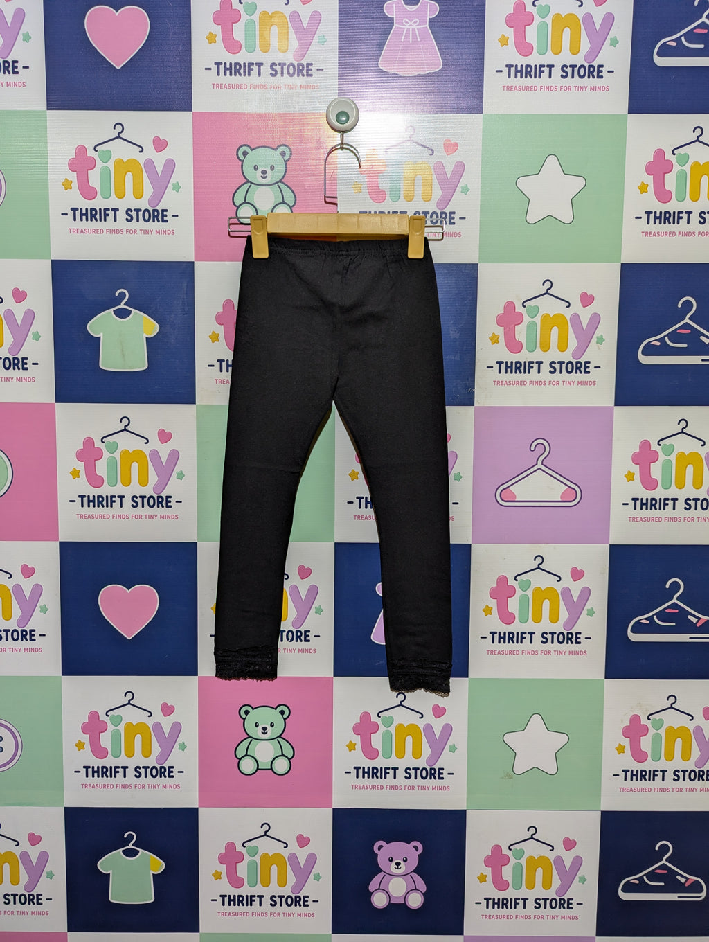 Navy Girls Essential Black Lace-Hem Leggings - Size 130 CM Estimated Age 8-9 Years AB2