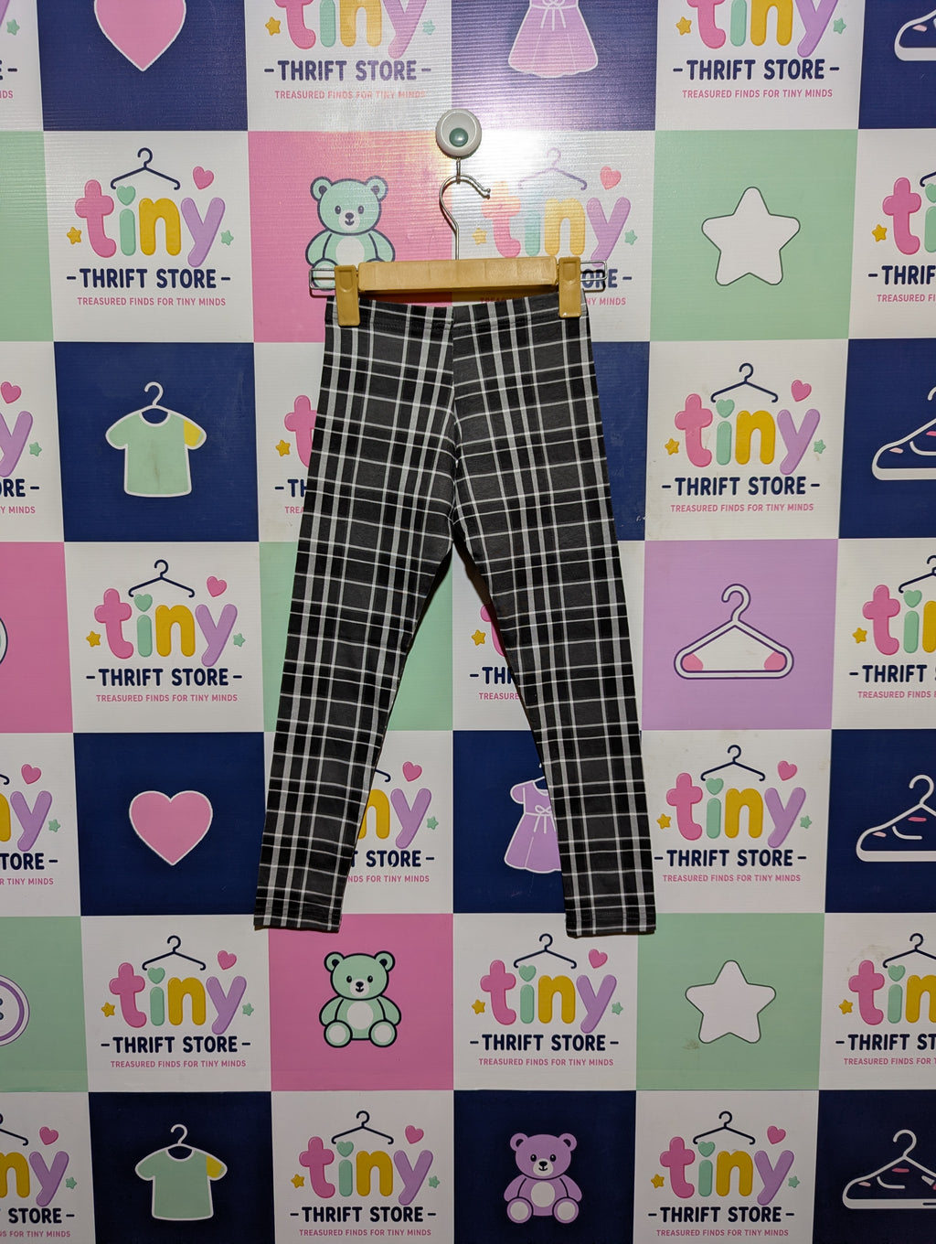 Primark Girls Charcoal Grey "Classic Check" Print Leggings - Size 128 CM Estimated Age 7-8 Years AB2